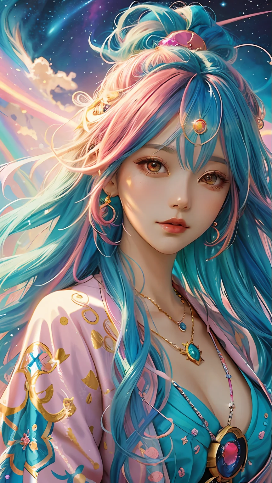 Close-up of a woman with colorful hair and necklace, anime girl with cosmic hair, Rossdraws soft vibrancy, Gouviz style artwork, fantasy art style, colorful]", vibrant fantasy style, Rossdraws cartoon full of vitality, cosmic and colorful, Guweiz, colorful digital fantasy art, stunning art style, beautiful anime style, glowing hair