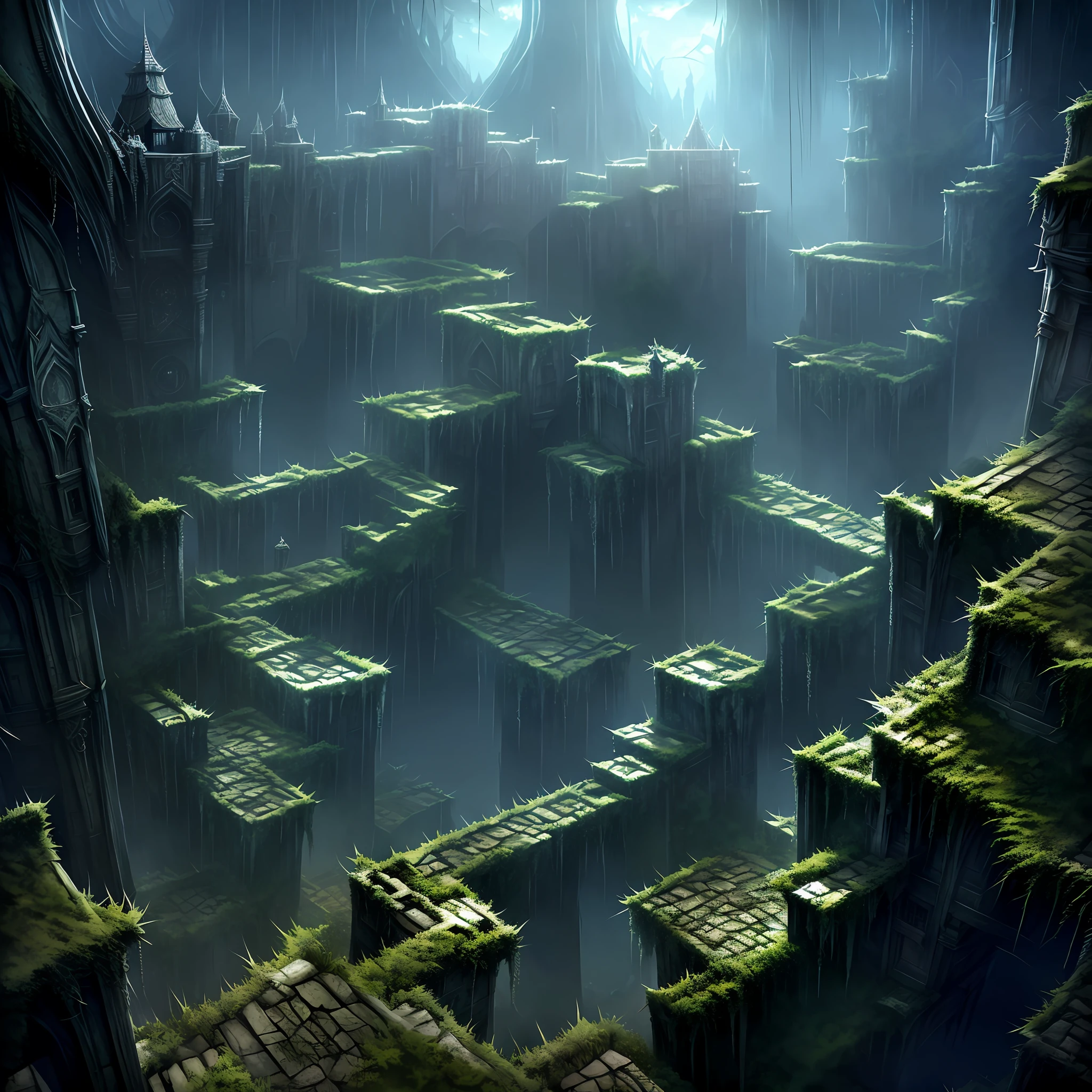 vast angle, view from the top of peak, inside of Dol Guldur, dark floors, one floor with balcony to abyss view, and floor with madness stair downside, thorns, spiked walls. Creepy illustration, over-detailed, 8k resolution. Horror art.
