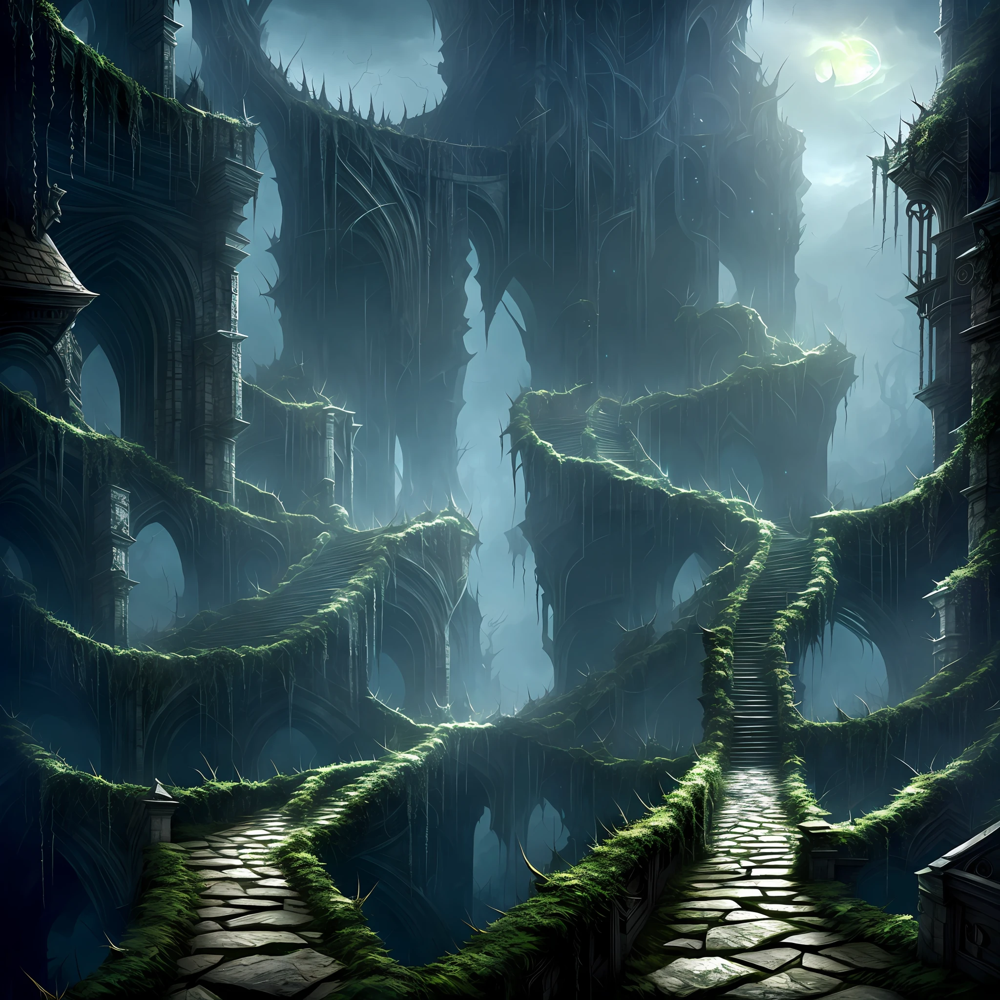 vast angle, view from the top of peak, inside of Dol Guldur, dark floors, one floor with balcony to abyss view, and floor with madness stair downside, thorns, spiked walls. Creepy illustration, over-detailed, 8k resolution. Horror art.