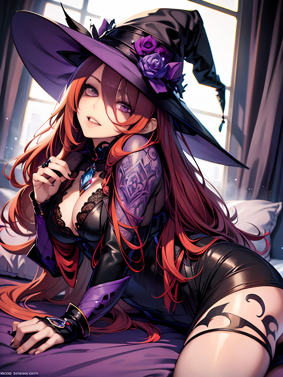 witch, witch hat, long red hair, tattooed arms, purple eyes, vampire teeth, lying on a bed, sensual position, short clothes, best quality, good anatomy, detailed face, 4k, masterpiece, detailed eyes