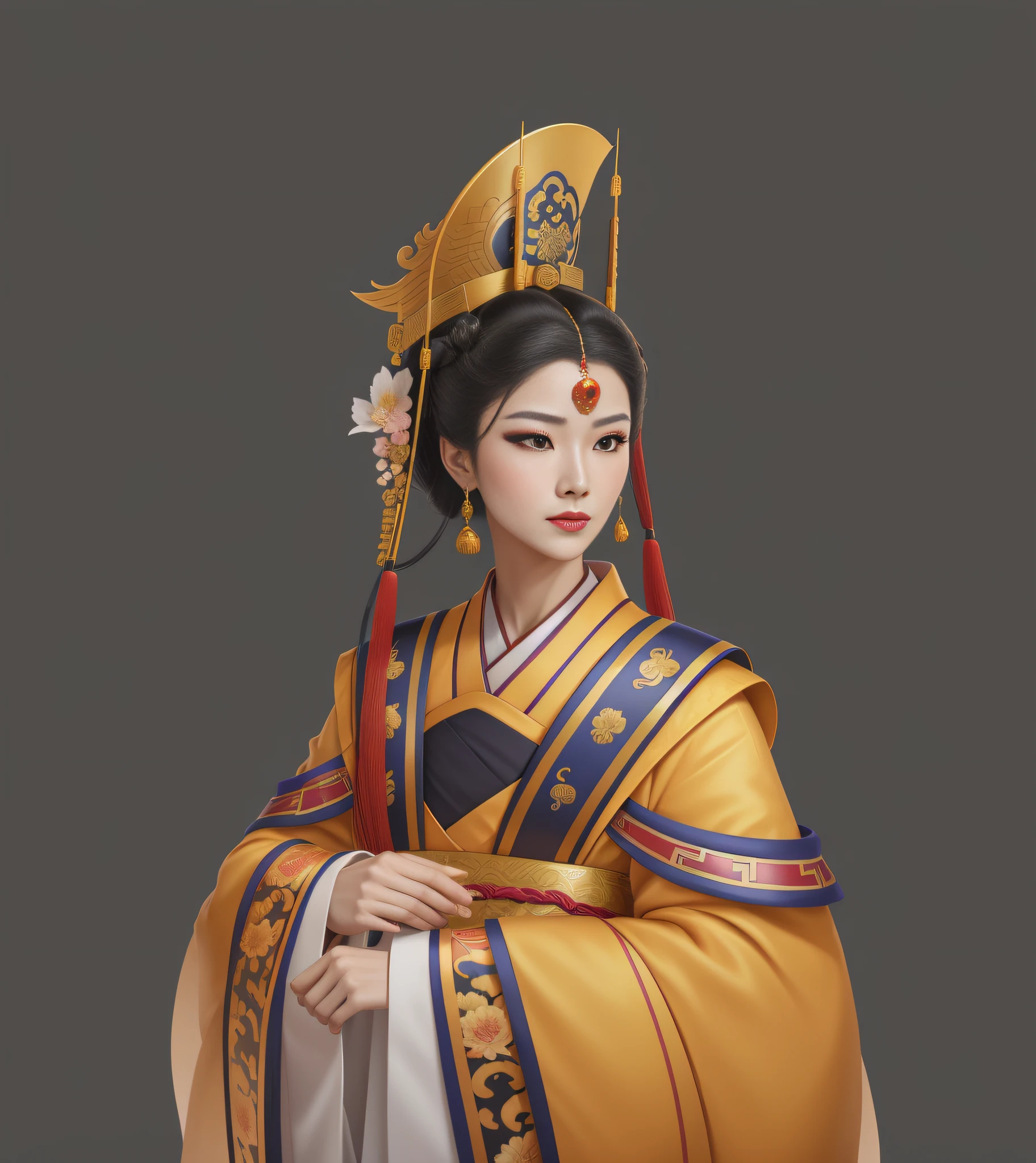 A female emperor in gorgeous Chinese clothes, old beautiful female characters, beautiful figure paintings, female emperors of the Tang Dynasty, Wu Zetian, palace, elderly woman in Hanfu, Guwiz style artwork, Hanfu, Guwiz, wearing ancient Chinese costumes, patterns of flowers on clothes, beautiful anime portraits, traditional beauty, inspired by Max Magnus Norman, complete portrait of an electronic master, inspired by Jean Bello, Nicolas Tesla, Gillum Pongiruppi, portrait of a character, Luis Ricardo Farero, epic elegant portrait, Santiago Martínez Delgado, Frank Xavier-Linedeker style digital figure concept art, white, science illustration, Magali Villeneuve, Walt Disney, texture of more brushstrokes, simplified and stylized portrait, American comics, animation energy, ambient light is not strong, photo texture on costumes is not strong, light source at night, hand drawn