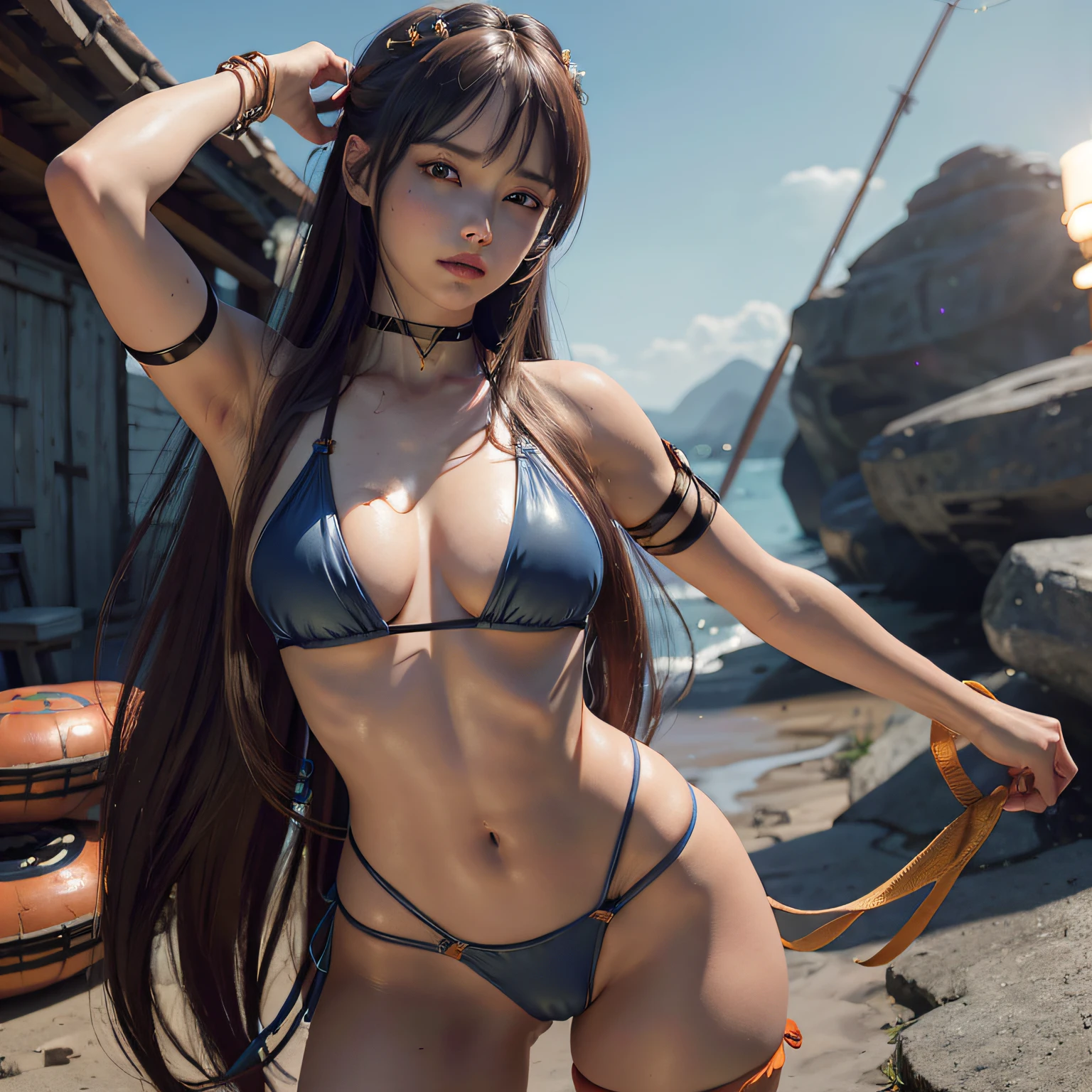 best quality ,masterpiece,1girl,3d , realistic,CG ,unity ,8k wallpaper,long_hair, artist_name, bangs, blue_eyes, sling bikini, hair_ornament, lips, long_hair, looking_at_viewer, orange bikini, , realistic, simple_background, solo, souryuu_asuka_langley,