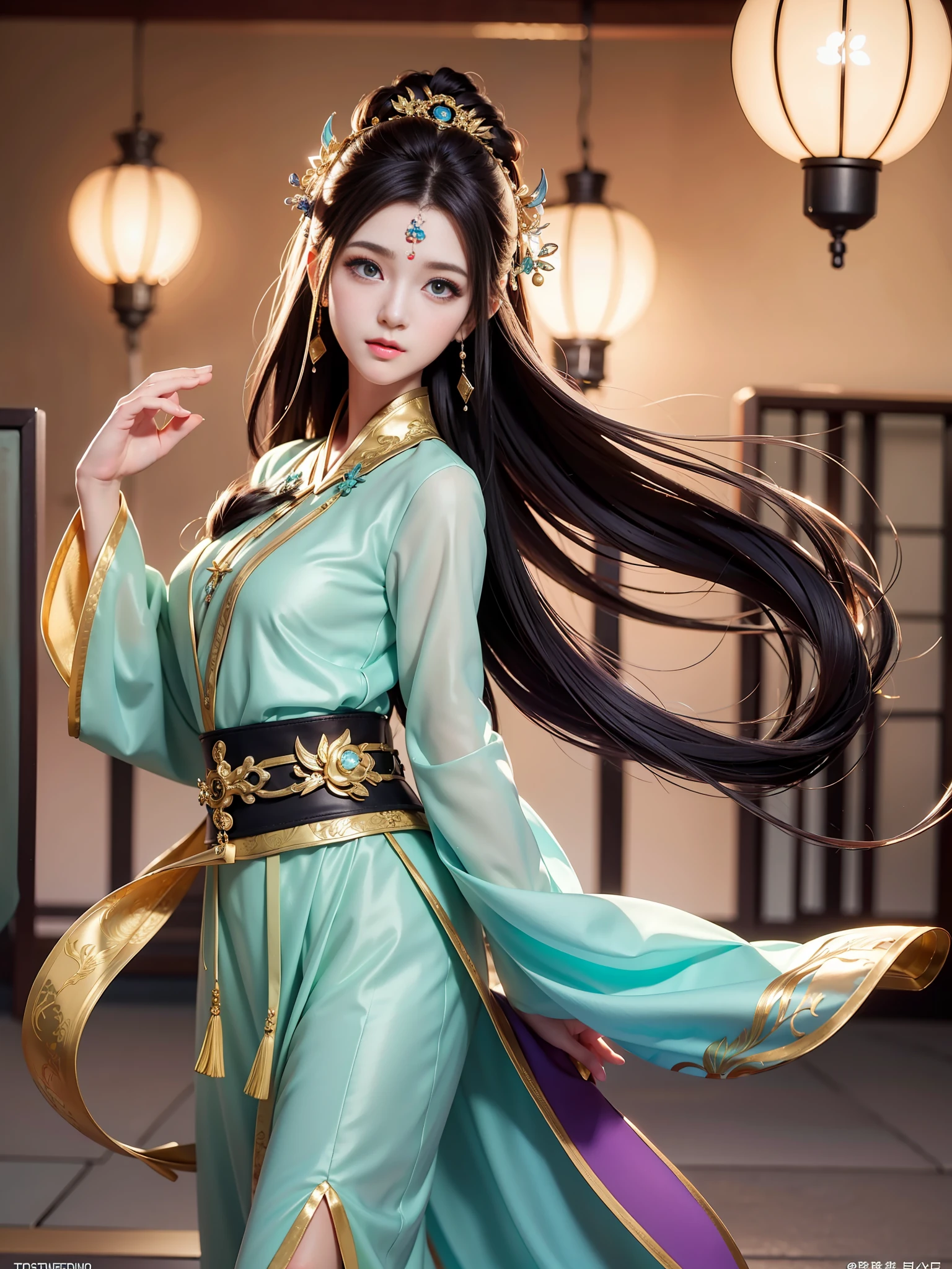 (ulzzang-6500-v1.1:0.4), 1girl, kpop idol, yae miko, detailed face, long legs shot, full body, master, best quality, (very detailed CG unity 8k wallpaper, masterpiece, best quality, ultra- detailed, best shadow), ( detailed background), (beautiful detailed face, beautiful detailed eyes), High contrast, (best illumination, an extremely delicious and beautiful), independent sleeve, black hair in a bun, long hair, best quality, ( photorealistic: 1.2), (hair accessory: 1.35), jewelry, purple eyes, earrings, pale green Tang dynasty costume, long skirt, torii, pear blossom, lantern light, depth of field, detailed face, face focus, (looking at the audience: 1.25), shiny skin, long sleeves, hidden hands