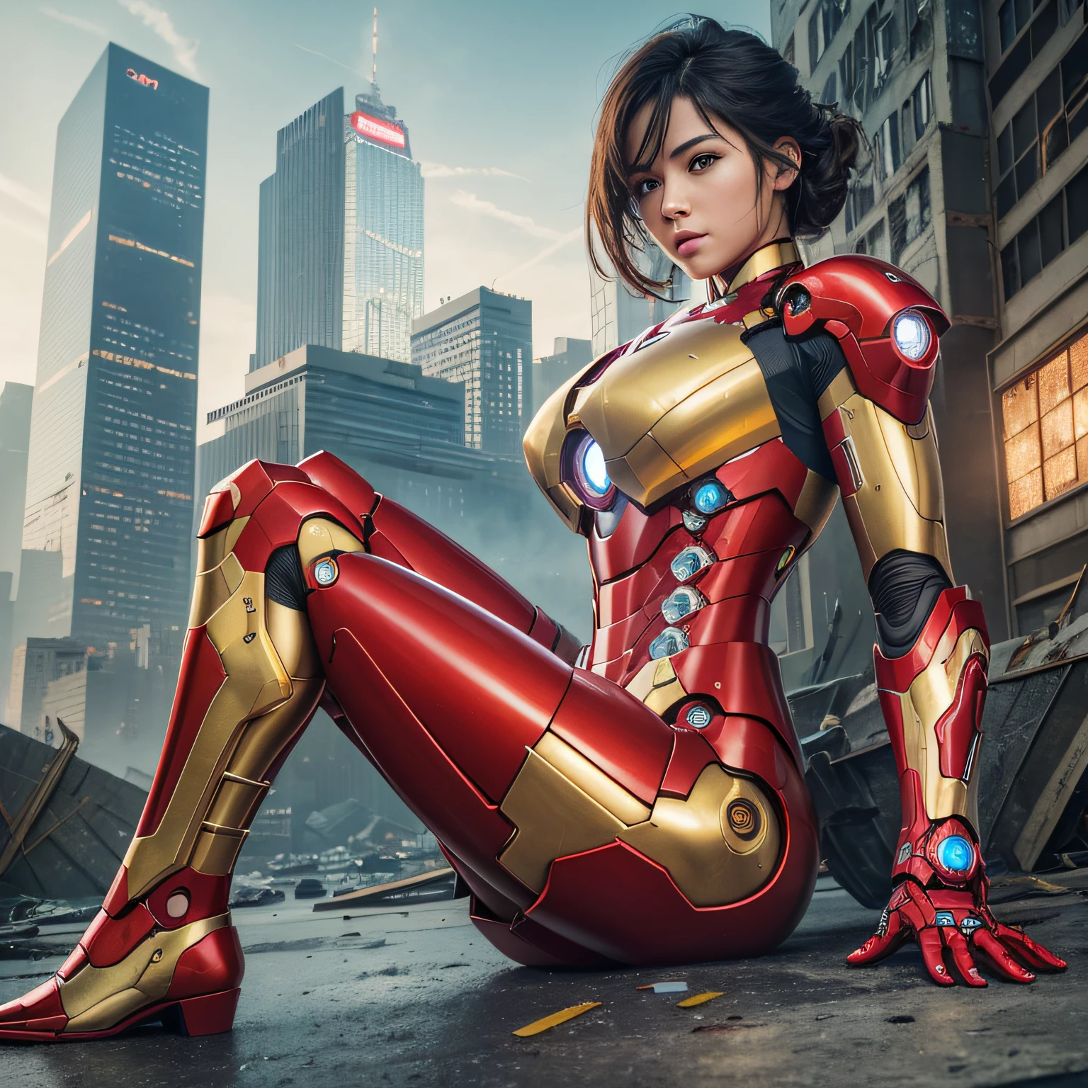 RAW, Masterpiece, Ultra Fine Photo,, Best Quality, Ultra High Resolution, Photorealistic, Sunlight, Full Body Portrait, Stunningly Beautiful,, Dynamic Poses, Delicate Face, Vibrant Eyes, (Side View) , she is wearing a futuristic Iron Man mech, red and gold color scheme, highly detailed abandoned warehouse background, detailed face, detailed and complex busy background, messy, gorgeous, milky white, high detailed skin, realistic skin details, visible pores , sharp focus, volumetric fog, 8k uhd, dslr camera, high quality, film grain, fair skin, photorealism, lomography, sprawling metropolis in futuristic dystopia, view from below, translucent --auto --s2