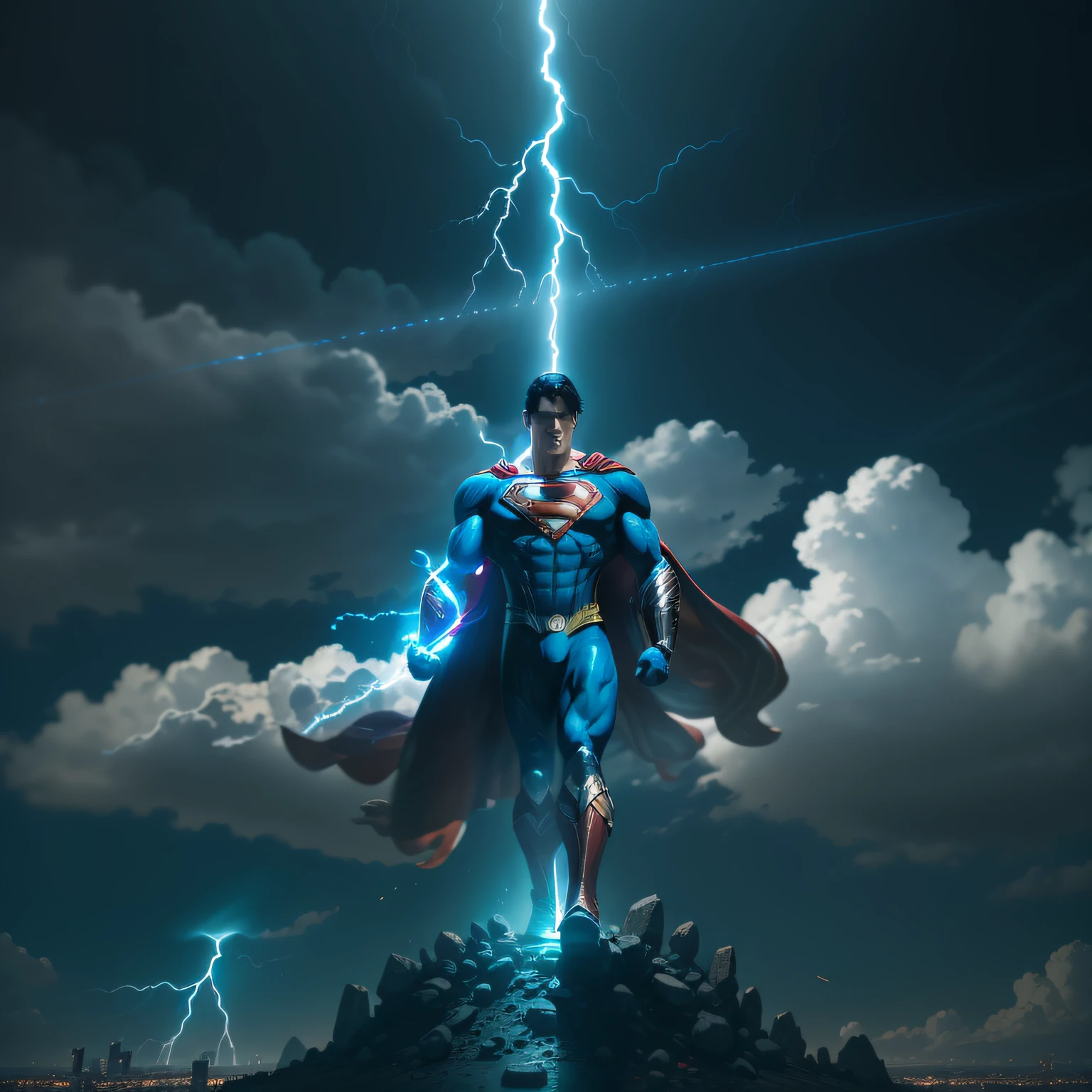 create a realistic 4k image of Superman standing with one foot on top of a dead Thor, in a heroic pose. Superman's suit must be colored and Thor's body must appear lifeless and defeated. The background should be epic, with lightning and a city skyline in the distance." —c 10 —ar 2:3 Hope this helps! --auto --s2