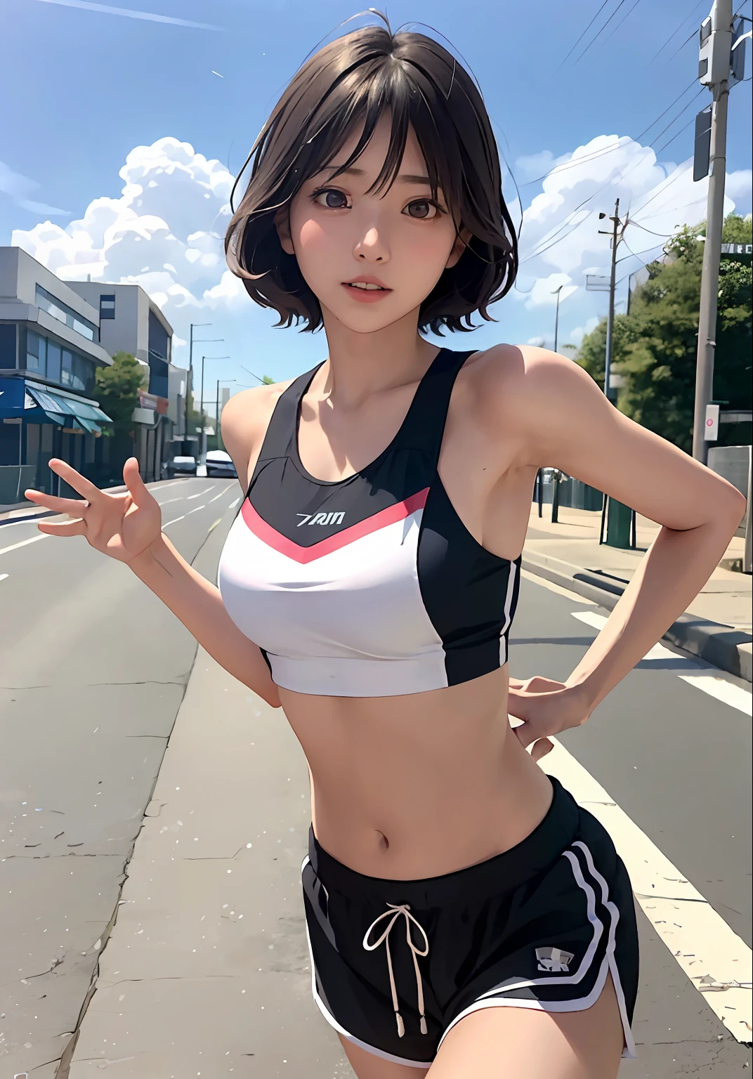 Mayuri Shiina, Young Skinny Gravure Idol, Young Sensual Gravure Idol, Young Pretty Gravure Idol, Ayami in Kojima, Running a Marathon, Waving to Sidewalk Audience, Athletic Clothes, Shorts, Short Hair