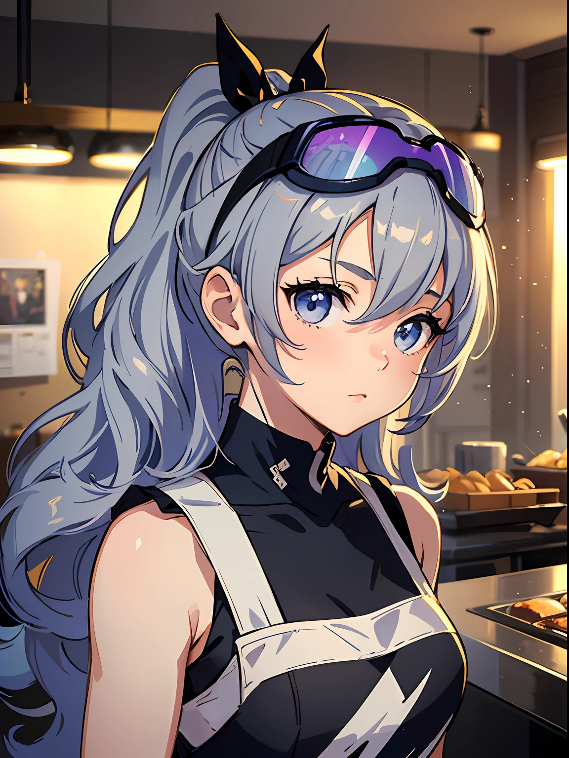 Exquisite masterpiece, the best quality, realistic painting, an anime girl with a curly ponytail, petite figure, coffee clerk, black apron, small, heartwarming, youthful and beautiful, with blue-violet gradient ski goggles, gray hair, presents a natural casual style. The dynamic posture contains the golden section, a large aperture portrait, the picture is blank, the contrast between light and shadow is strong, the texture is super strong, the picture is super clear and concise, presenting an extremely beautiful, elegant and dignified, delicate face