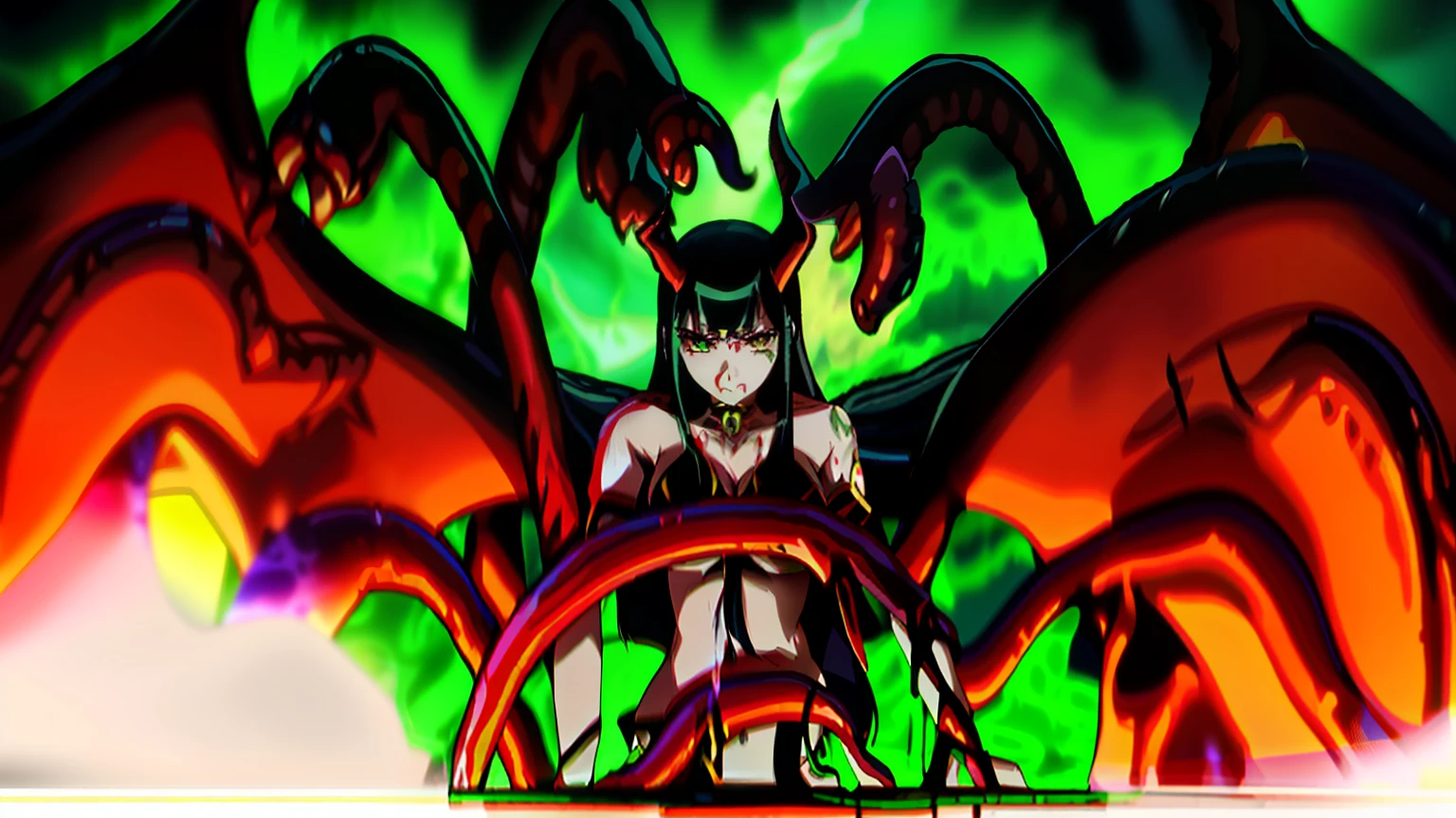A closeup of a demon with a green background, fine details. anime. Tentacles, dark goddess with six arms, blood moon tentacles!!, bikini. Bottom of hell. Gore, some tentacles are touching her, screenshot from the anime Guro, summoning of ancient demons, albedo from the anime Overlord, beast tentacle, covered in tentacles, Nico Robin Demon