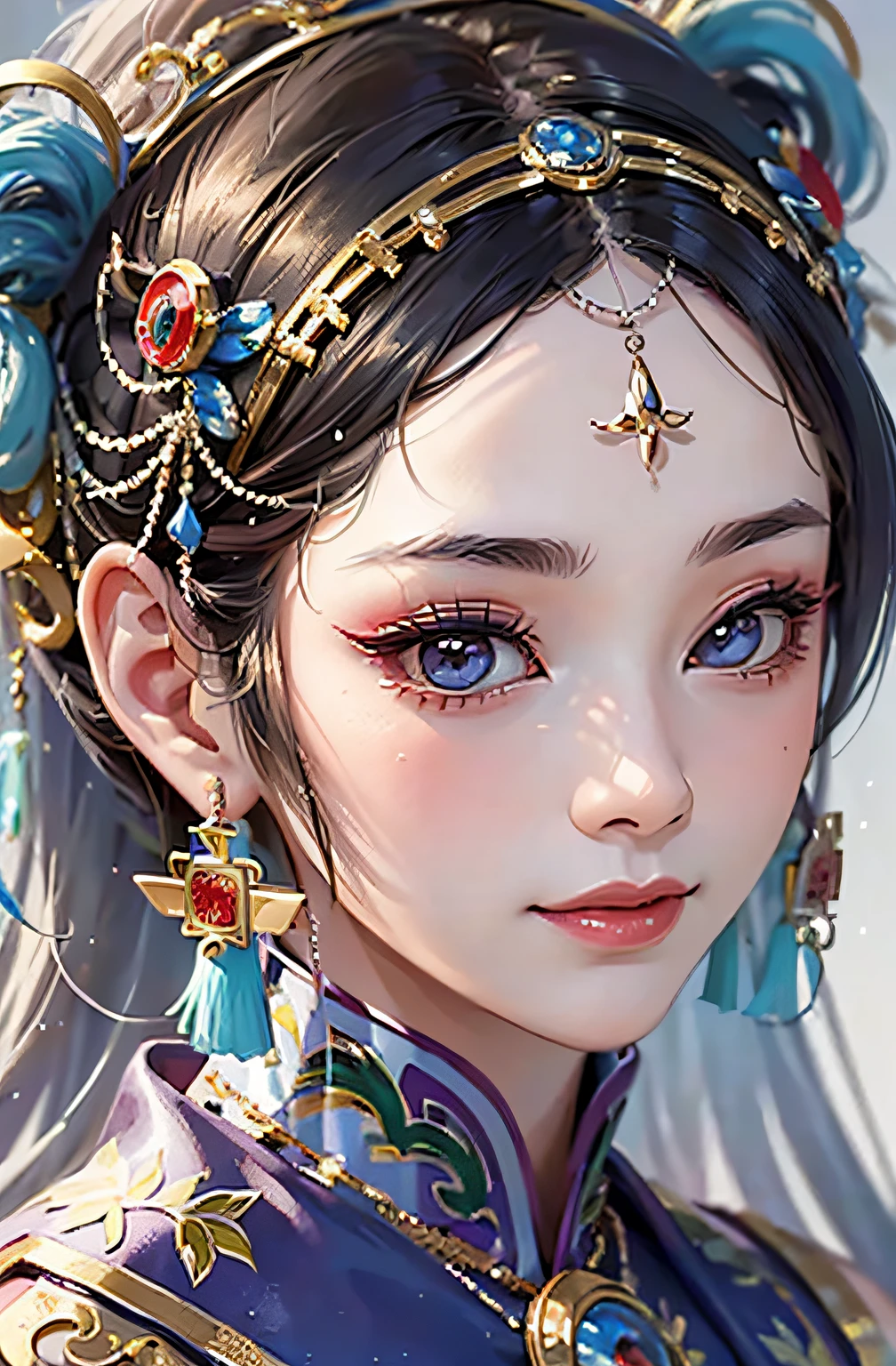 (((masterpiece))), (extremely detailed 8k render),(((best quality))), ((ultra-detailed)),(best illumination, best shadow), ((an extremely delicate and beautiful)),(best design),
1 girl, Peking Opera makeup face, smiling, happy, raising eyebrows, teasing, seductive, Royal Sister, Peking Opera Huadan, facial makeup,
1 girl's head is headgear, tassel, jade pendant,
portrait, close-up portrait