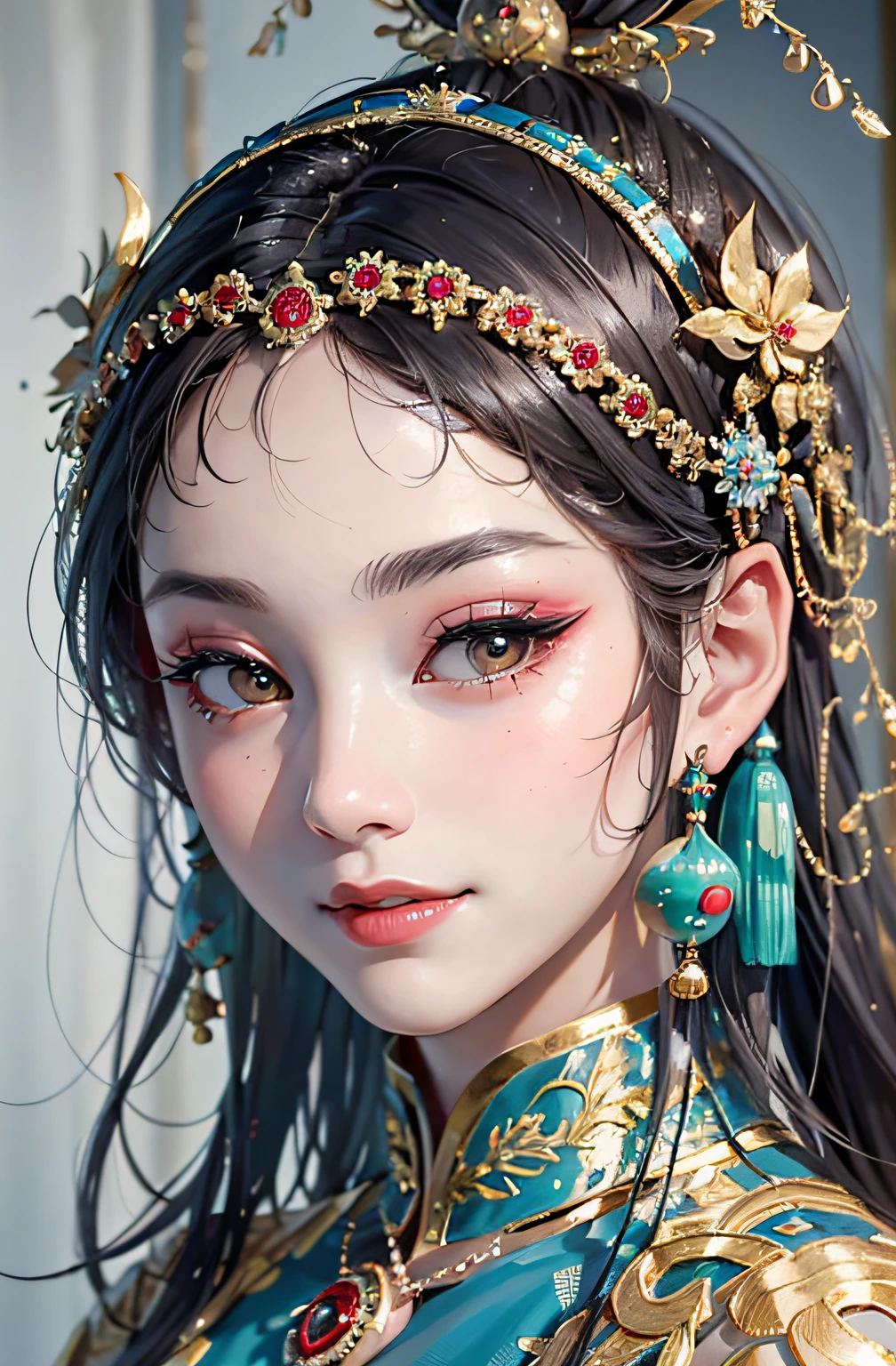 (((masterpiece))), (extremely detailed 8k render),(((best quality))), ((ultra-detailed)),(best illumination, best shadow), ((an extremely delicate and beautiful)),(best design),
1 girl, Peking Opera makeup face, smiling, happy, raising eyebrows, teasing, seductive, Royal Sister, Peking Opera Huadan, facial makeup,
1 girl's head is headgear, tassel, jade pendant,
portrait, close-up portrait