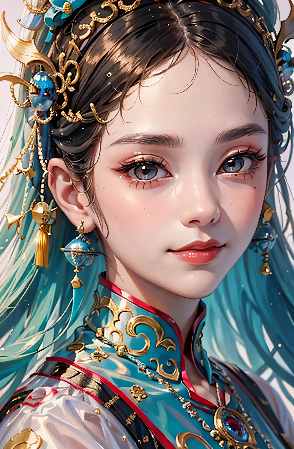 (((masterpiece))), (extremely detailed 8k render),(((best quality))), ((ultra-detailed)),(best illumination, best shadow), ((an extremely delicate and beautiful)),(best design),
1 girl, Peking Opera makeup face, smiling, happy, raising eyebrows, teasing, seductive, Royal Sister, Peking Opera Huadan, facial makeup,
1 girl's head is headgear, tassel, jade pendant,
portrait, close-up portrait