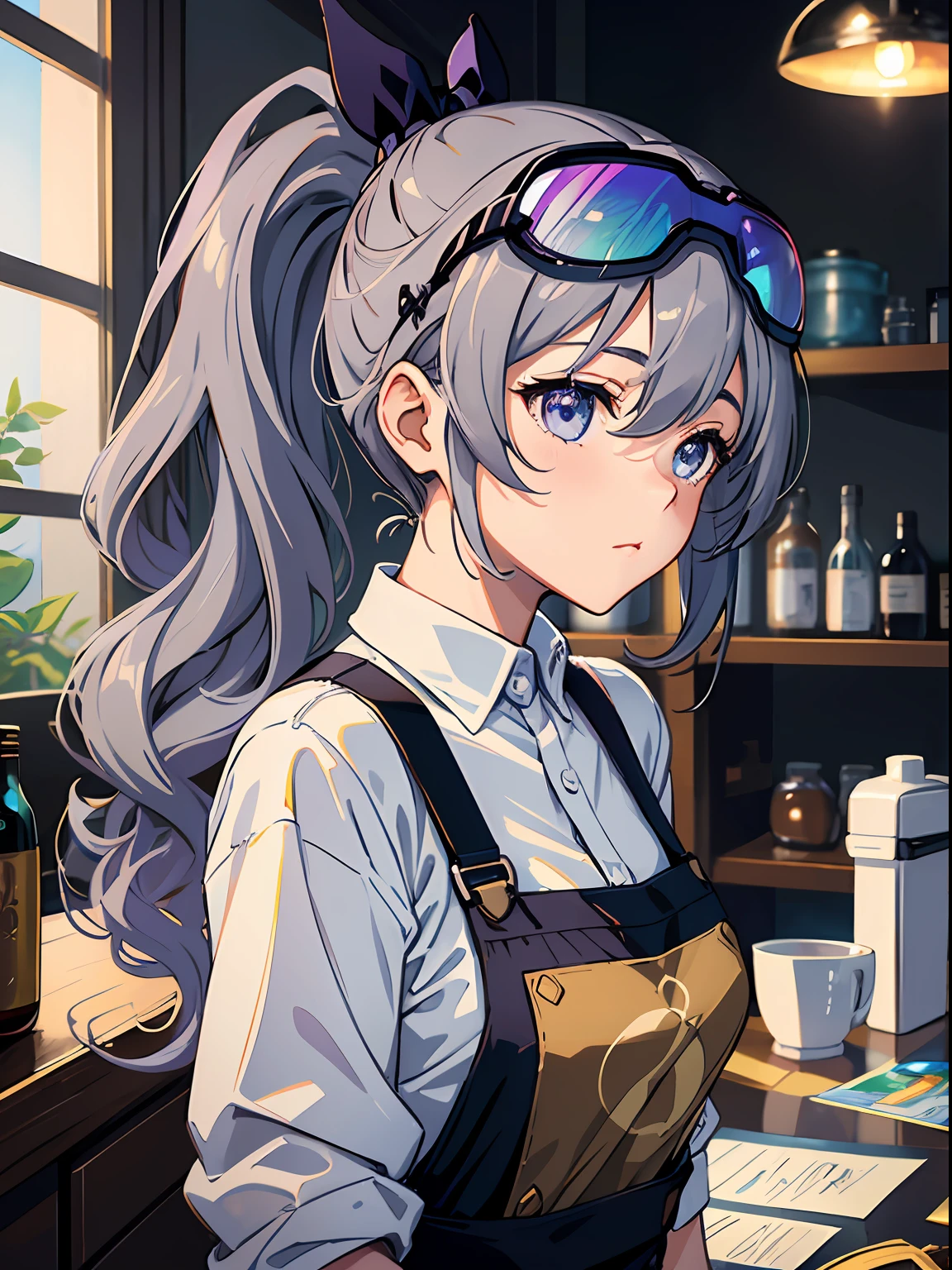 Exquisite masterpiece, the best quality, realistic painting, an anime girl with a curly ponytail, petite figure, coffee clerk, black apron, small, heartwarming, youthful and beautiful, with blue-violet gradient ski goggles, gray hair, presents a natural casual style. The dynamic posture contains the golden section, a large aperture portrait, the picture is blank, the contrast between light and shadow is strong, the texture is super strong, the picture is super clear and concise, presenting an extremely beautiful, elegant and dignified, delicate face