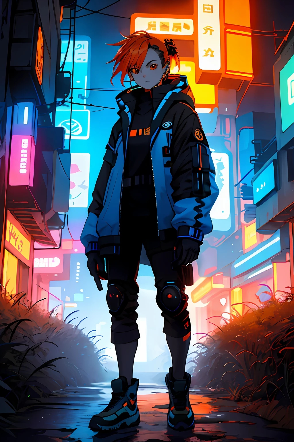 A girl with orange hair, with blue cyberpunk outfit, in a colorful meadow, at night