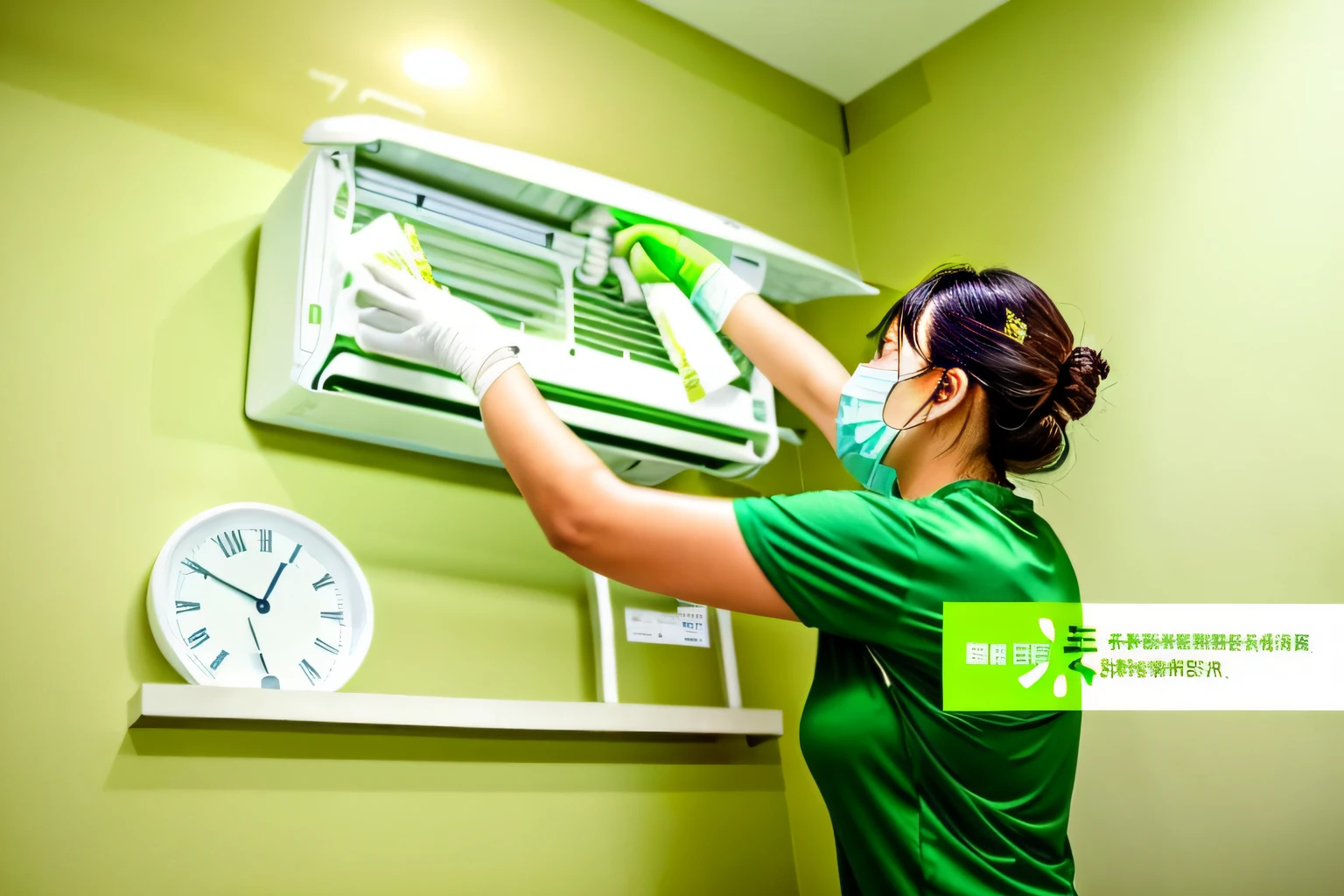 A Chinese woman in a green T-shirt and white pants is indoors, wearing a mask and gloves and raising her hand to face the wall-mounted air-conditioned indoor unit, wiping with a white towel.