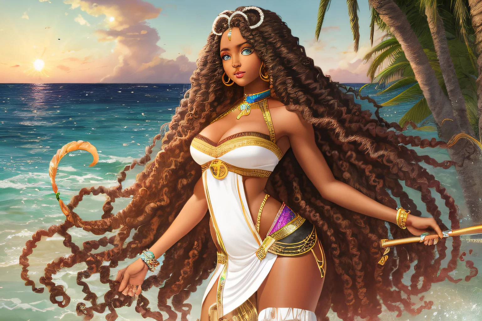 Afro-textured hair, african goddess, sparkling eyes, heterochromia eyes, dark skin. extreme long curly messed hair