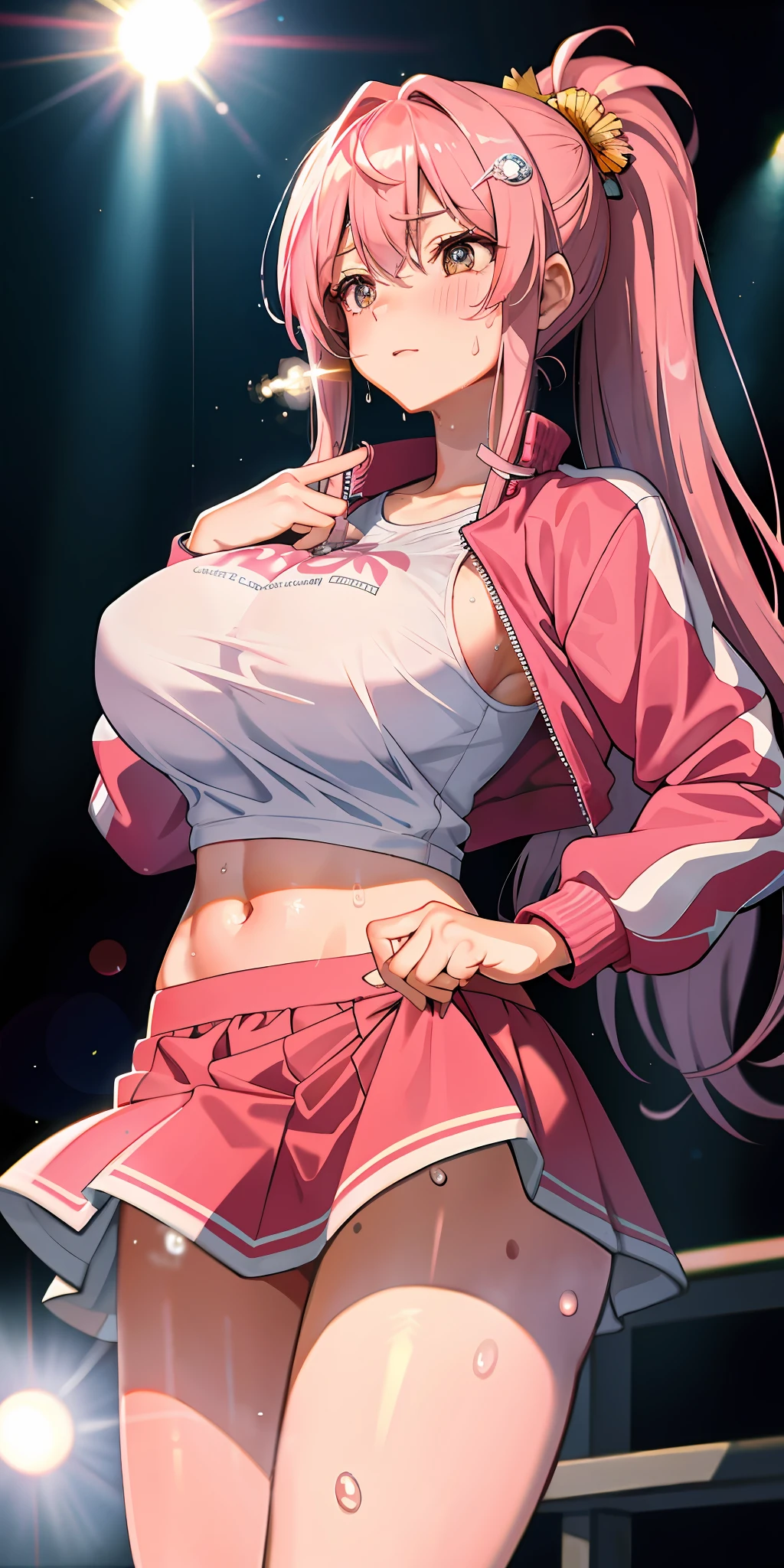 masterpiece, best quality:1.2), breast focus, 1girl, pink hair, long hair, hair ornament, hair cubes, pink track suit jacket, upskirt, scared, long eyelashes, huge breasts, breasts apart, sagging breasts:1.2), cleft of venus, skirt lift, BREAK, (sweat, steaming body, shiny skin:1.2), stage, crowd, audience, people, (light particles, lens flare)