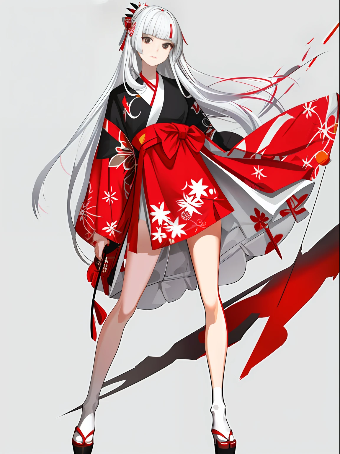(Representative work: 1.2, highest image quality), 1 cute woman, perfect anatomy, standing figure, ((full body))), carp girl, clear eyes, black eyes, eyes and mouth are impressive, ((red and white carp pattern kimono))), red and white obi, young woman, silver white hair, long hair, kimono style, waist-length skirt, 3 bangs, (((black background)))