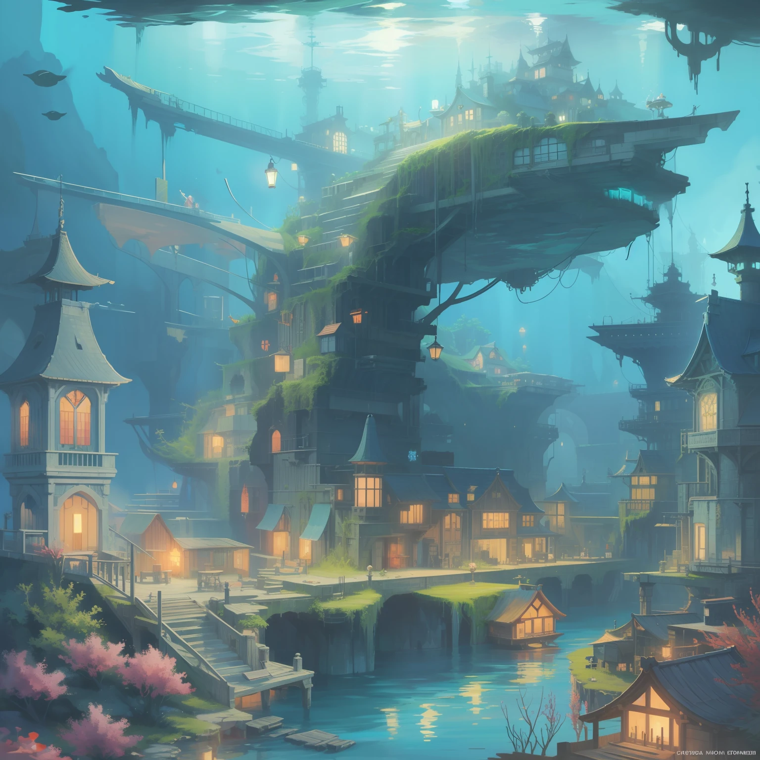 Color (Fantasy: 1.2), (Hayao Miyazaki style), (irregular building floating under the sea), patchwork cottages, Moss decorations, coral, lights, concept art inspired by Andreas Rocha, Artstation contest winner, Fantasy art, (underwater city), ross tran, light shafts, realistic lighting, masterpiece, high quality, beautiful graphics, high detail, masterpiece, high quality, beautiful graphics, high detail, --auto --v6 --s2