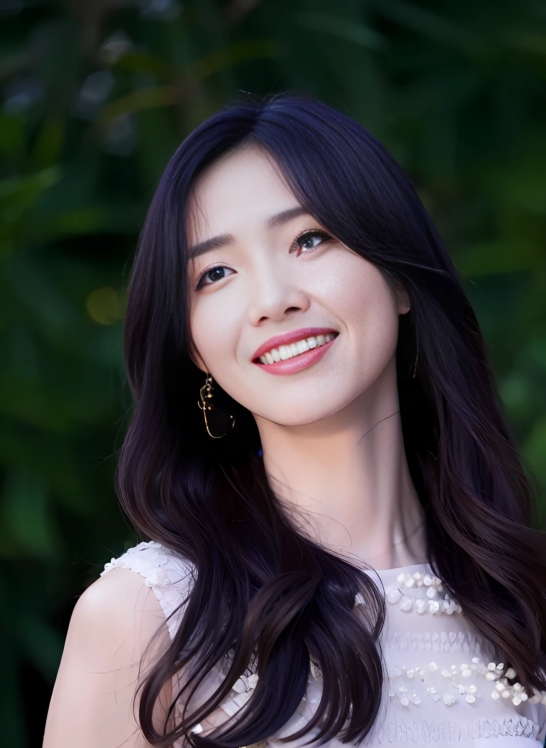 Close-up of a long-haired woman smiling at the camera, showing white teeth, cute Korean actress, wearing a dark blue blouse, blue sky and white cloud background, actress from South Korea, Lee Ji-eun, Lee Ji-eun, beautiful Korean woman, Kim Young-shen, in Yeonnam, beautiful and smiling, IU Lee Ji-eun as supervillain, Park Ji-min, charming smile, Hwang Se-an, shot with Canon 90D, HD portrait