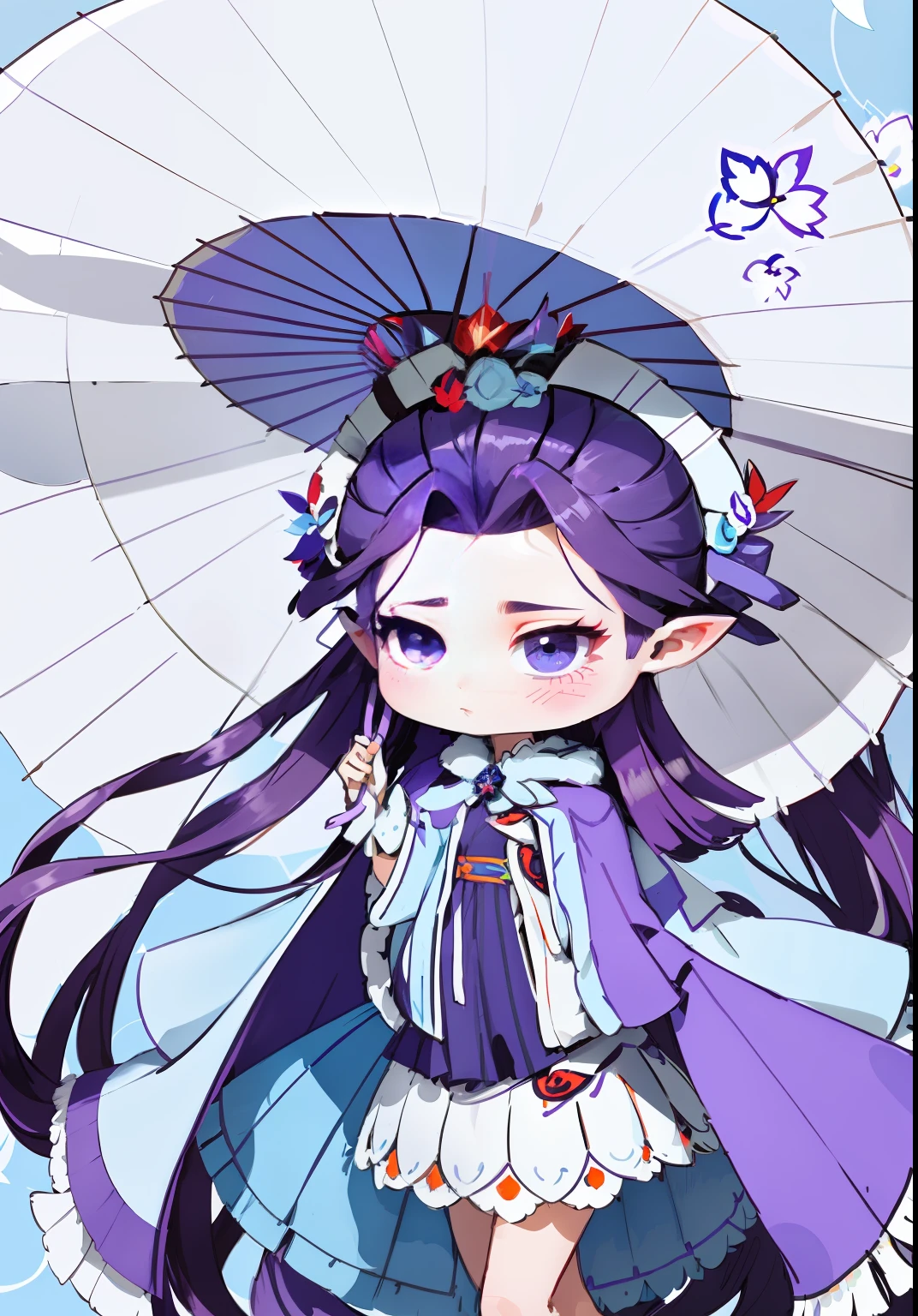 A cartoon girl holding a light blue oil-paper umbrella in her hand, leaf flower headdress, dark purple hair, purple-blue cape, white fluff trim, vermilion streamer, bright colors, line art, fine drawing, fine, shape does not expand, blank background