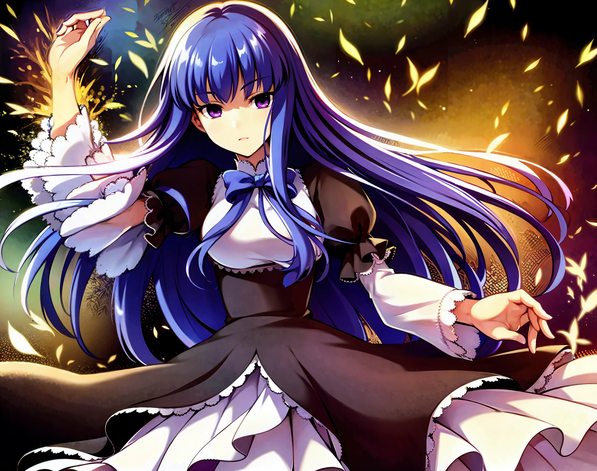 beautiful, masterpiece, best quality, extremely detailed face, perfect lighting, 1girl, solo, top-down bottom-up, frederica bernkastel, blue hair, purple eyes, best quality: 1.5, masterpiece, perfect figure, delicate hands, HDR, detailed body, extremely detailed, higres, beautiful girl