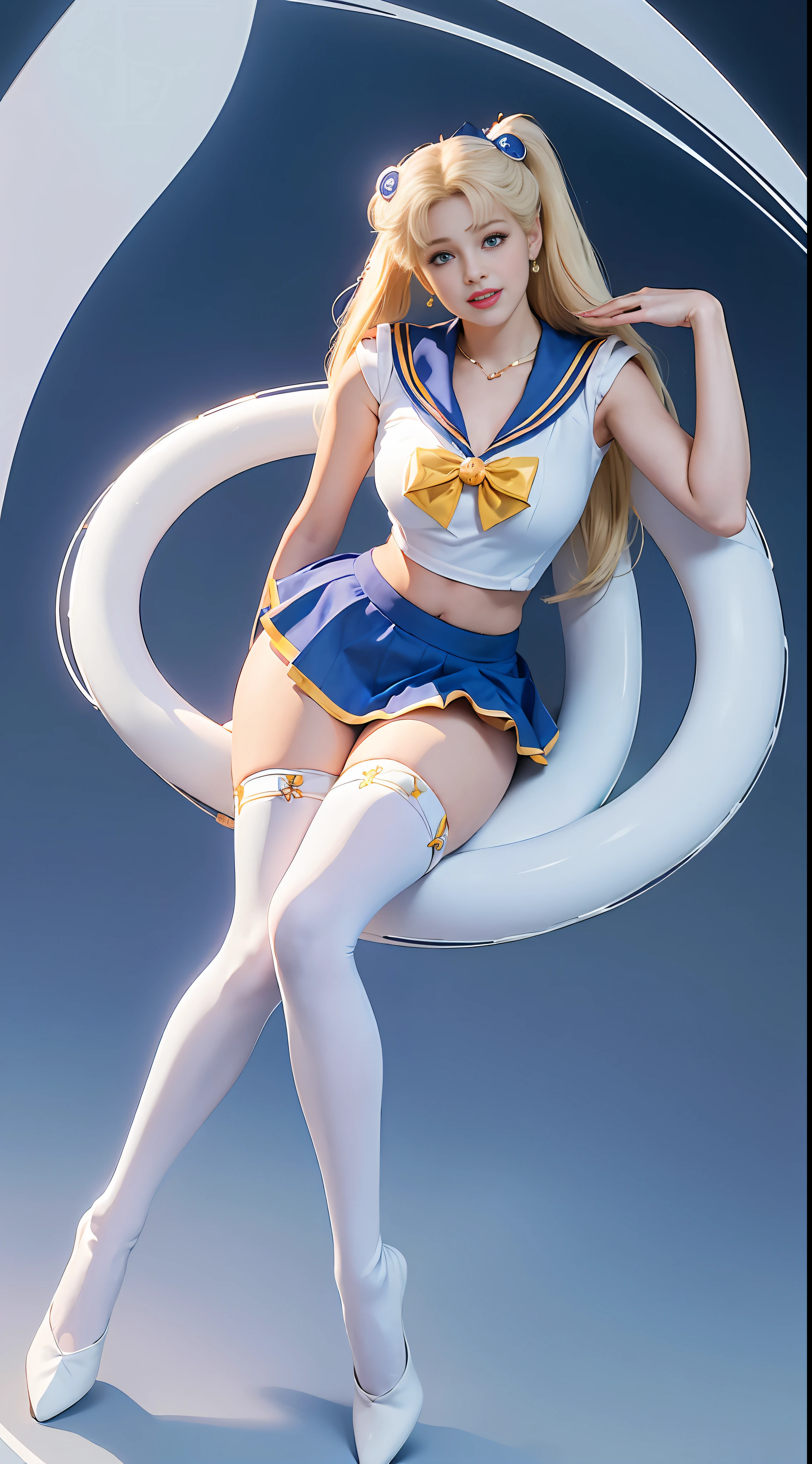 (Best Quality, Ultra High Resolution, Masterpiece, RAW Photo, Realism: 1.6), 16K, ((Sailor Moon Sailor Moon Costume: 3)) from Sailor Moon, (1girl with open navel), (huge: 2, thick thighs: 3), (blue miniskirt: 2, long white blonde hair: 1.8, white stockings, mature smile), sitting on white background