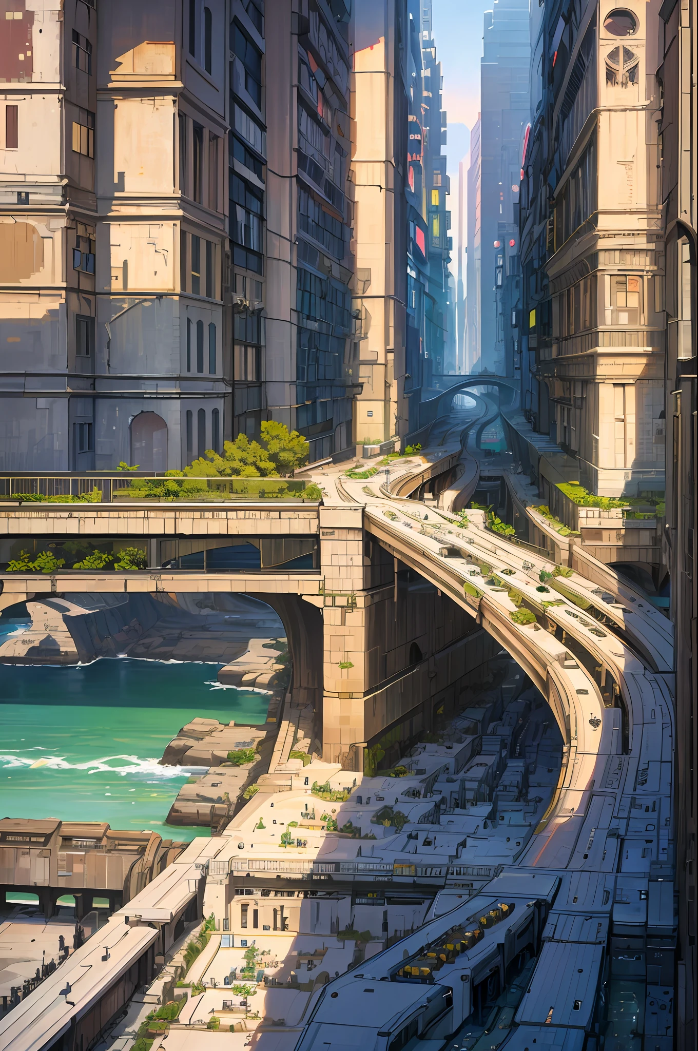 ((masterpiece)),((best quality)),((high detail)),((realistic,)) Futurist era city, deep gorges in the middle, architectural streets, bazaars, futuristic train lines, cyberpunk, buildings