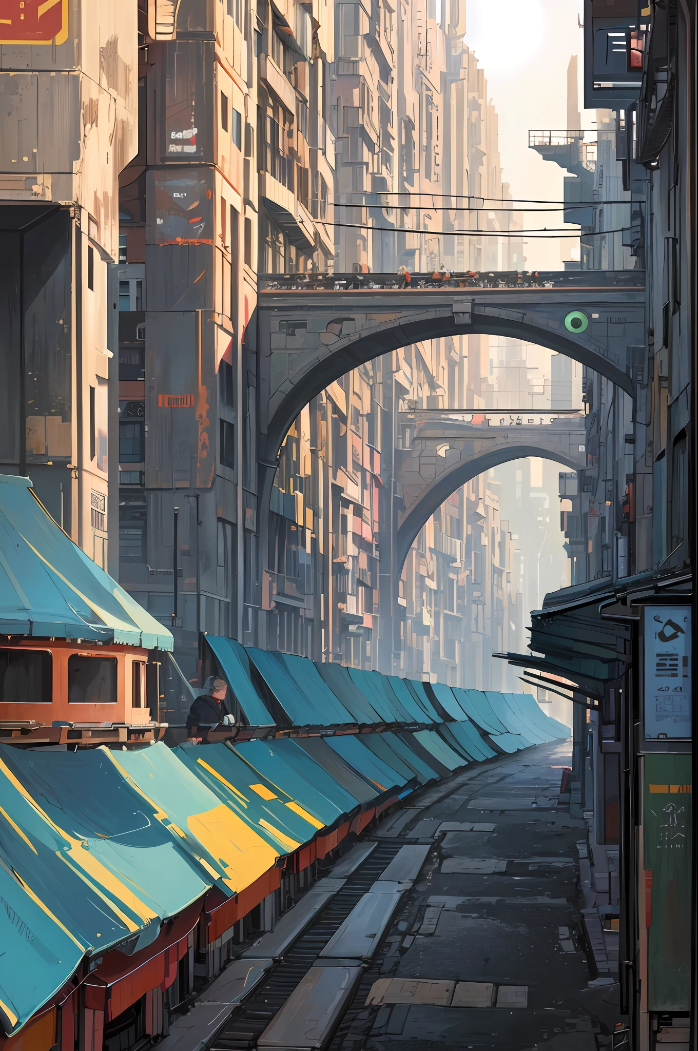 ((masterpiece)),((best quality)),((high detail)),((realistic,)) Futurist era city, deep gorges in the middle, architectural streets, bazaars, futuristic train lines, cyberpunk, buildings
