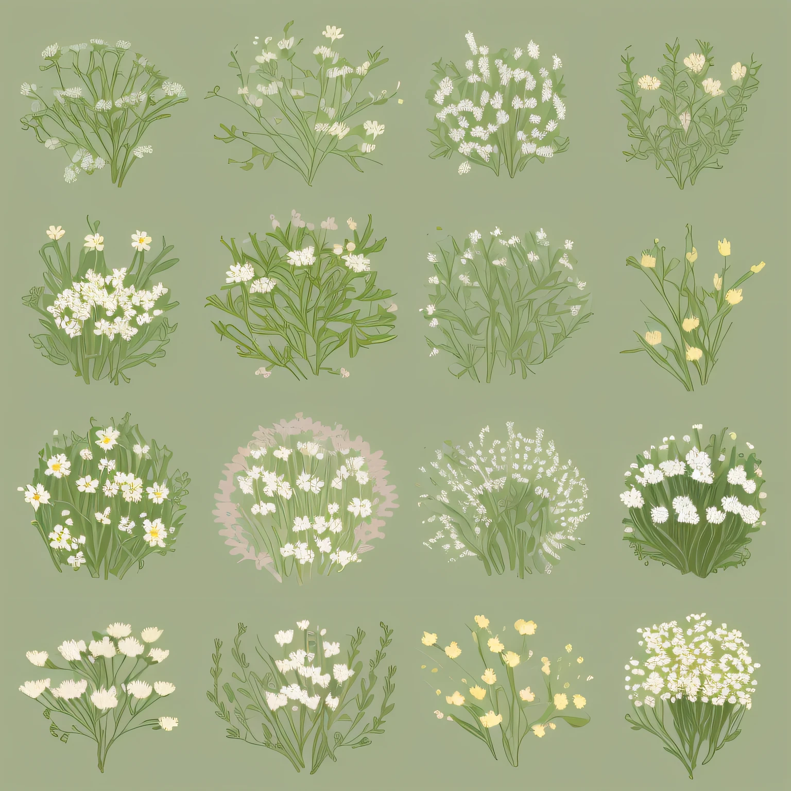Design of many small flowers with leaves and plants. In label style, flat style, vector style, drawing style, naïve style. Design in very soft pastel colors such as old pink, baby pink, pastel green, light blue, pastel blue, beige, white and light yellow.