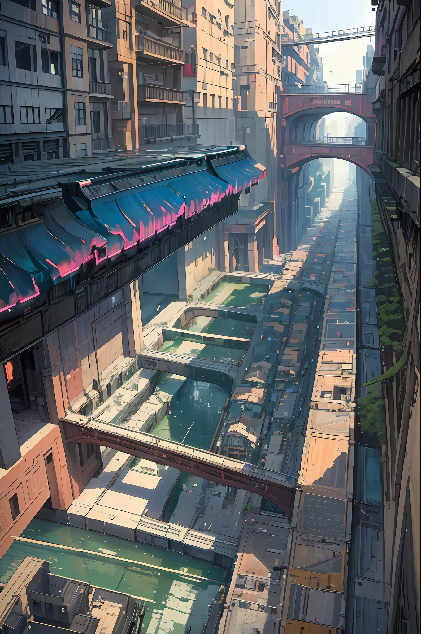 ((masterpiece)),((best quality)),((high detail)),((realistic,)) Futurist era city, deep gorges in the middle, architectural streets, bazaars, futuristic train lines, cyberpunk, buildings