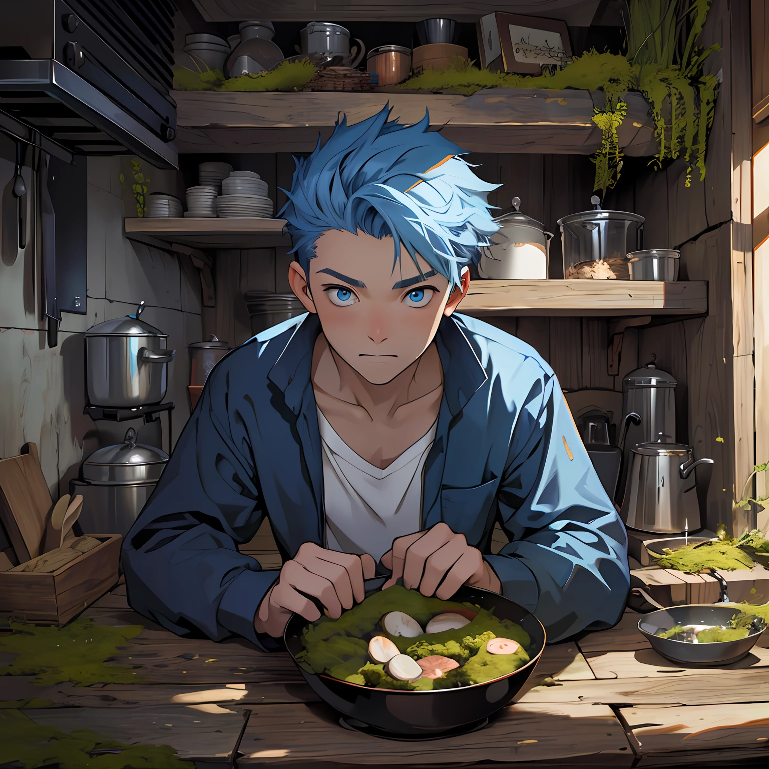 Best quality, masterpiece, ultra-high resolution, surrealism, firewood, moss piled in kitchen corner, an eighteen-year-old boy, blue hair, blue eyes,