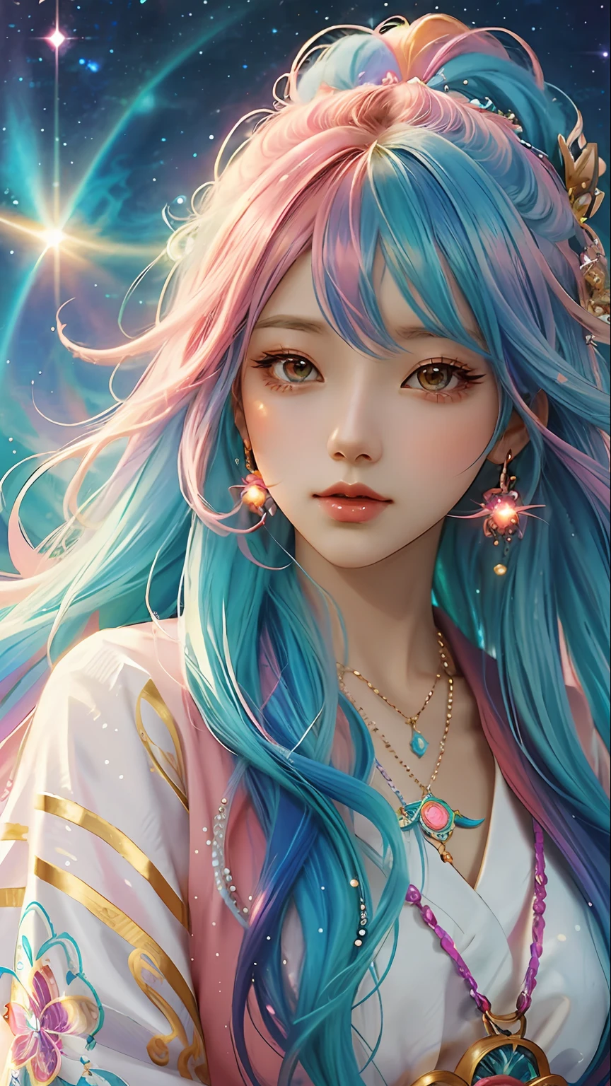 Close-up of a woman with colorful hair and necklace, anime girl with cosmic hair, Rossdraws' soft vibrancy, Gouviz-style artwork, fantasy art style, colorful]", vibrant fantasy style, Rossdraws cartoon vibrant, colorful, Guweiz, colorful digital fantasy art, stunning art style, beautiful anime style, glowing hair