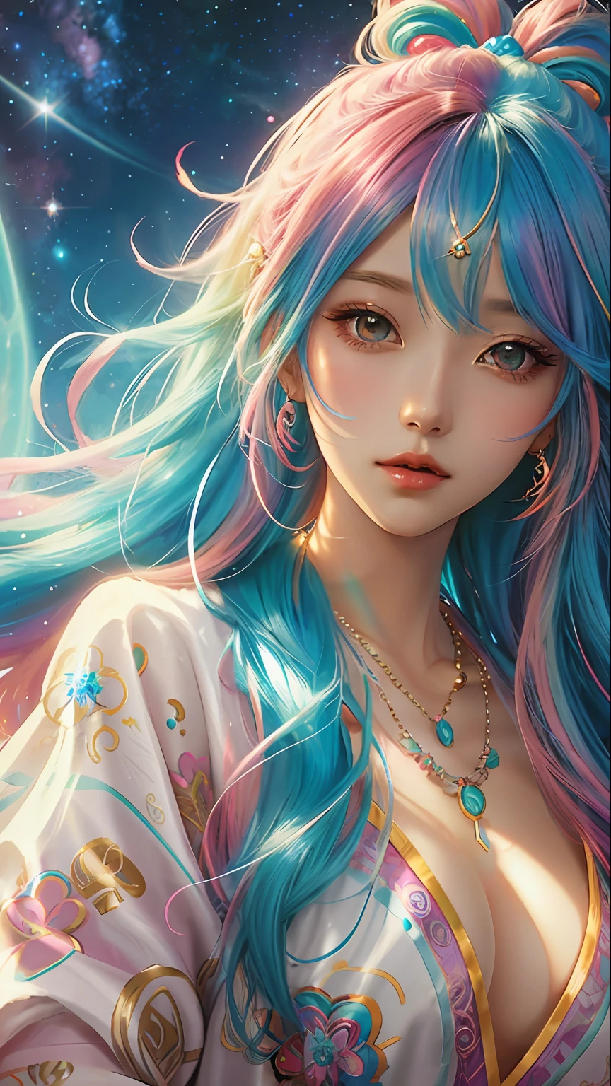 Close-up of a woman with colorful hair and necklace, anime girl with cosmic hair, Rossdraws' soft vibrancy, Gouviz-style artwork, fantasy art style, colorful]", vibrant fantasy style, Rossdraws cartoon vibrant, colorful, Guweiz, colorful digital fantasy art, stunning art style, beautiful anime style, glowing hair