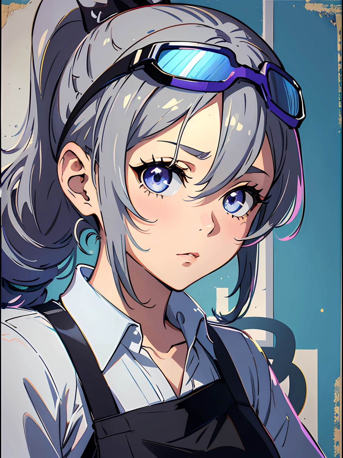 Exquisite masterpiece, the best quality, realistic painting, an anime girl with a curly ponytail, petite figure, coffee clerk, black apron, small, heartwarming, youthful and beautiful, with blue-violet gradient ski goggles, gray hair, presents a natural casual style. The dynamic posture contains the golden section, a large aperture portrait, the picture is blank, the contrast between light and shadow is strong, the texture is super strong, the picture is super clear and concise, presenting an extremely beautiful, elegant and dignified, delicate face