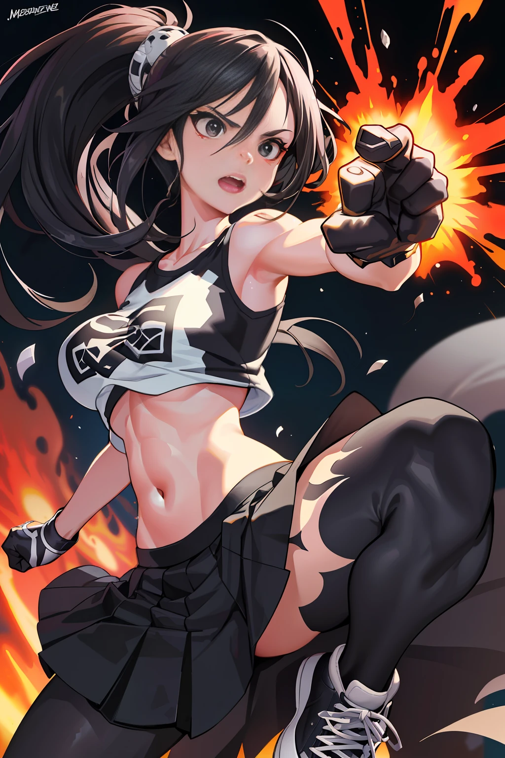 :: Joe Madureira Style:: Perfect and detailed beautiful woman and beautiful, furious screaming in anger, ultra detailed anime style, clothes with tatoon drawings, in various full-body attack poses and with immersive effects, hover effect, graphite style background with vibrant colors "Ultra HDR" detailed and with focus effect, with All Star Converse Fixed Black sneakers (masterpiece:  1.2, best quality), (finely detailed beautiful eyes: 1.2),extremely detailed, depth of field,shot with canon eos,lens 135mm f1.8,portrait of [x]( )),long, straight black hair,with a natural glow,(anime black eyes:1.4), (finely detailed eyes and detailed face:1.3),), (with ultra detailed black school skirt and fixed shape and color, white tatoom print t-shirt with fixed format Mandarin letters, ultra detailed:1.3), (beautiful and clear background:1.2), ultra-detailed, Best Shadow:1.1),("" character demonstrating his super power in the fist"")((depth of field and blur)), ((watercolor)), large breasts, bare shoulders, flowers and petals, bbela conceptual illustration , (white background:0.5), (illustration :1.1), (extremely thin and beautiful: 1.1), (perfect details: 1.1) graffiti style background, freedom, soul, digital illustration,  perfect anatomy, centered, approaching perfection, dynamic, highly detailed, watercolor painting, artstation, concept art, smooth, sharp focus, illustration,, villain man, wearing a super detailed black jacket, black gloves, power in right hand, black all star converse sneakers, long black hair, power of destruction in your control, ruined scenery with smoke and fires