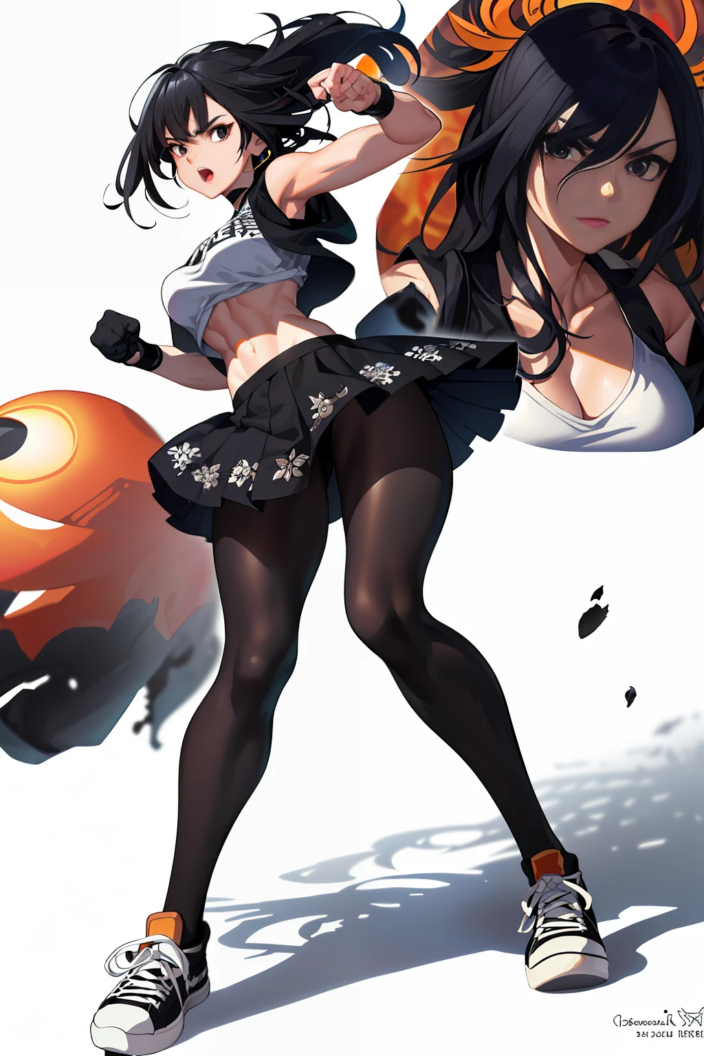 :: Joe Madureira Style:: Perfect and detailed beautiful woman and beautiful, furious screaming in anger, ultra detailed anime style, clothes with tatoon drawings, in various full-body attack poses and with immersive effects, hover effect, graphite style background with vibrant colors "Ultra HDR" detailed and with focus effect, with All Star Converse Fixed Black sneakers (masterpiece:  1.2, best quality), (finely detailed beautiful eyes: 1.2),extremely detailed, depth of field,shot with canon eos,lens 135mm f1.8,portrait of [x]( )),long, straight black hair,with a natural glow,(anime black eyes:1.4), (finely detailed eyes and detailed face:1.3),), (with ultra detailed black school skirt and fixed shape and color, white tatoom print t-shirt with fixed format Mandarin letters, ultra detailed:1.3), (beautiful and clear background:1.2), ultra-detailed, Best Shadow:1.1),("" character demonstrating his super power in the fist"")((depth of field and blur)), ((watercolor)), large breasts, bare shoulders, flowers and petals, bbela conceptual illustration , (white background:0.5), (illustration :1.1), (extremely thin and beautiful: 1.1), (perfect details: 1.1) graffiti style background, freedom, soul, digital illustration,  perfect anatomy, centered, approaching perfection, dynamic, highly detailed, watercolor painting, artstation, concept art, smooth, sharp focus, illustration,, villain man, wearing a super detailed black jacket, black gloves, power in right hand, black all star converse sneakers, long black hair, power of destruction in your control, ruined scenery with smoke and fires