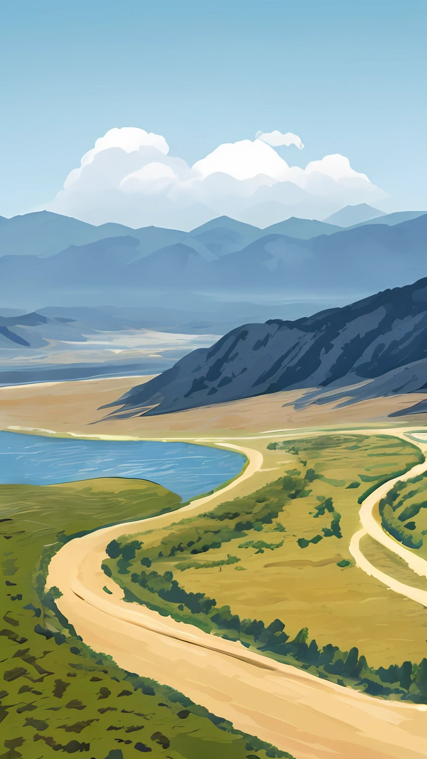 Beautiful natural landscapes, S-shaped lakeside paths through meadows, Mongolian Baikal close to the Magu, Carpathian mountains surrounded by mountain lakes, mountains and rivers, beaches between two valleys. Imagine the scene of the blue valley in the movie "Silk Road", flat art style, distinct color blocks, artistic style like painter Rwds, clear edges of color blocks, picture dominated by straight lines, poster illustration, illustration, vibrant tourist poster, landscape illustration, illustrated poster, detailed digital illustration, Jen Bartel, flat illustration, travel poster, illustration", vector illustration, digital illustration, inspired by Emiliano Ponzzi, vector Behans HD Jesper Ekinsing, magazine illustration, Illustration style