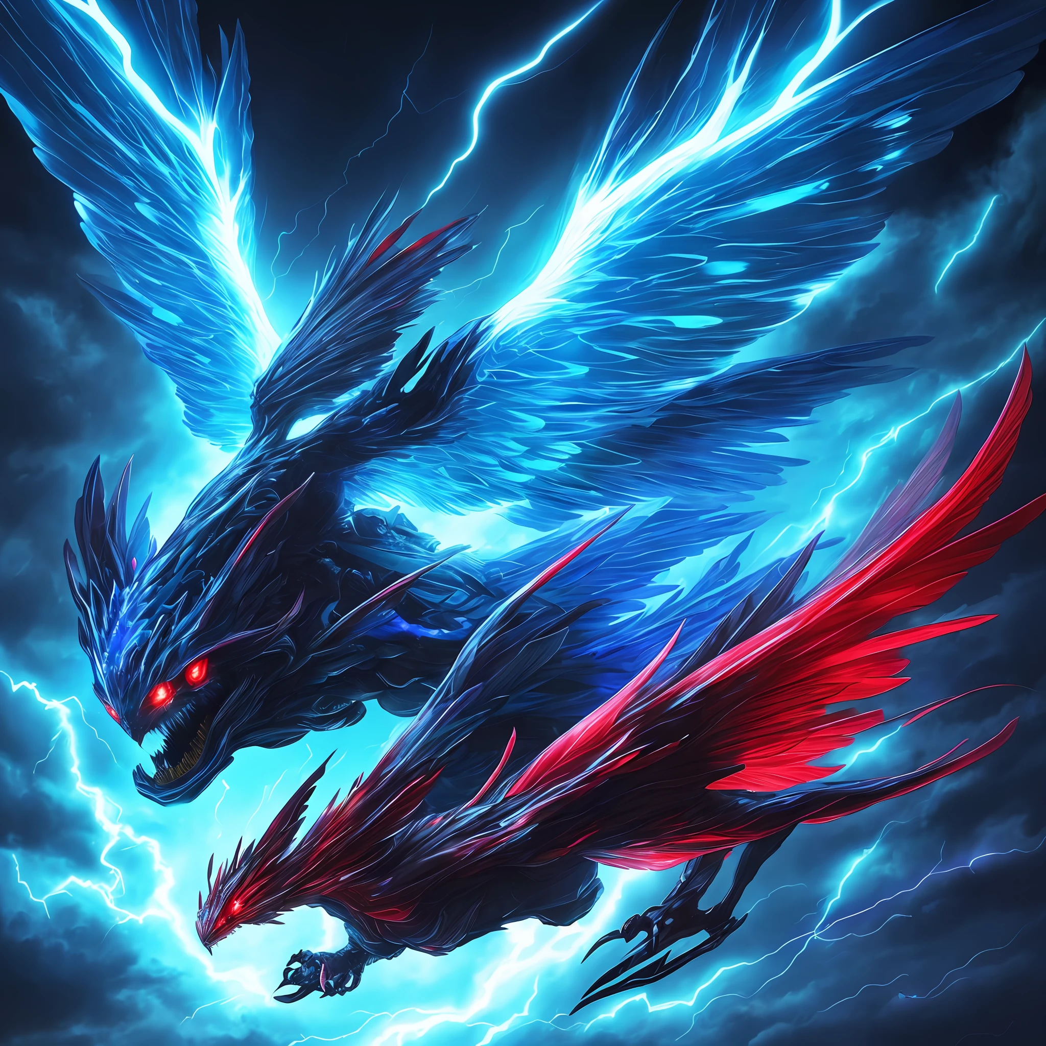 There is a Flying blue creature with one head, two bright red eyes, numerous tetancles and long transparent wings in the sky of dark night,chiaroscuro lightning effect and bioluminescent lights, highly detailed, highly cinematic, colourful lighting effect, highly realistic,