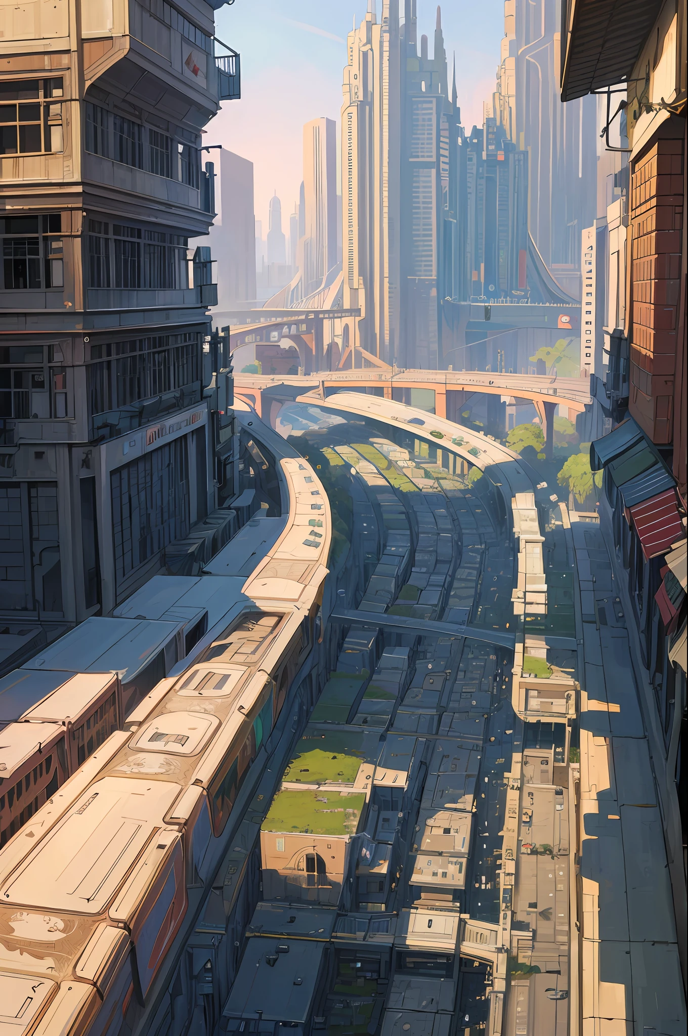 ((masterpiece)),((best quality)),((high detail)),((realistic,)) Futurist era city, architectural streets, bazaars, futuristic train lines, cyberpunk, buildings