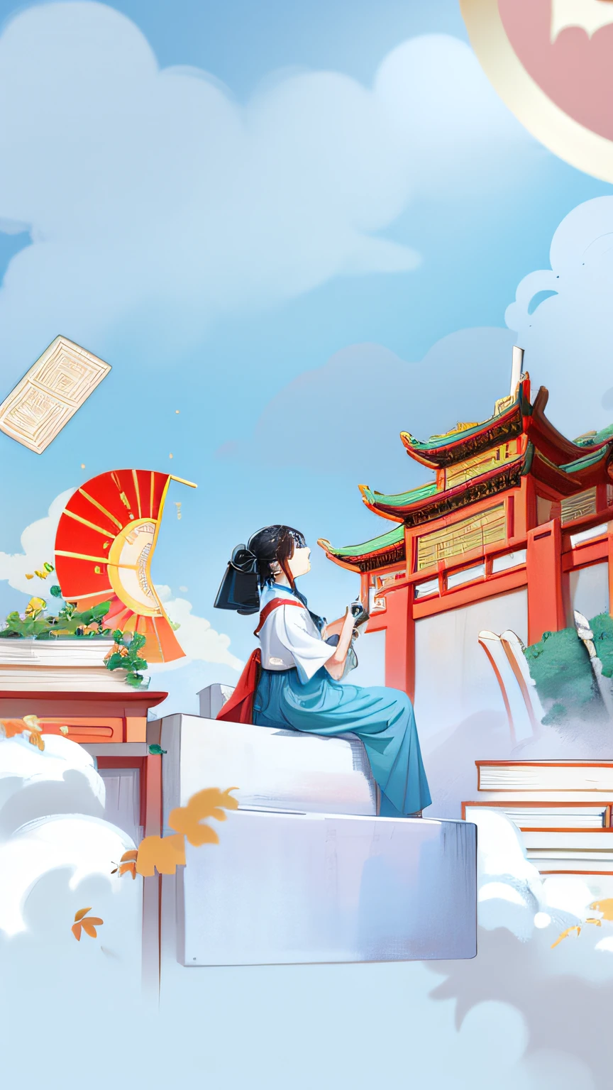 There is a Chinese student sitting on a box holding a book, higher detailed illustration, book illustration, detailed book illustration, full color illustration, beautiful artwork illustration, illustration! , inspired by Huang Gongwang, cover illustration, dream illustration, inspired by Cao Buxing, inspired by Ma Yuanyu, serenity illustration, illustration, official illustration