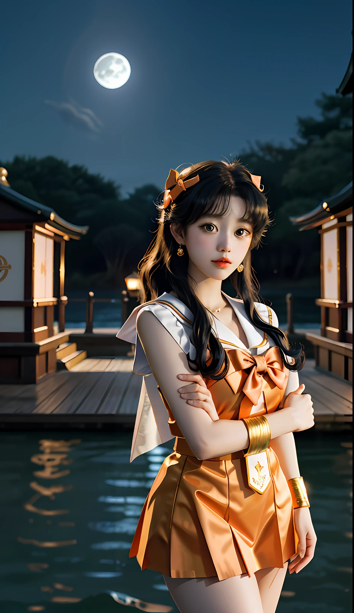 A sexy orange sailor suit girl with golden shawl curly hair, 16 year old girl big bow, orange sailor suit, rich accessories, sailor moon water ice venus Ai no Minako, ancient Japanese architecture, night moonlight, cosplay pictures, photography style, cinematography, 8K RAW, sailor Moon!!!!!!!!, Sailor Moon style, inspired by Sailor Moon, Sailor Moon, Sailor Moon. Beauty, Princess, Classic Girl, Magical Girl Style, Magical Girl Portrait, Magazine Cover Photo