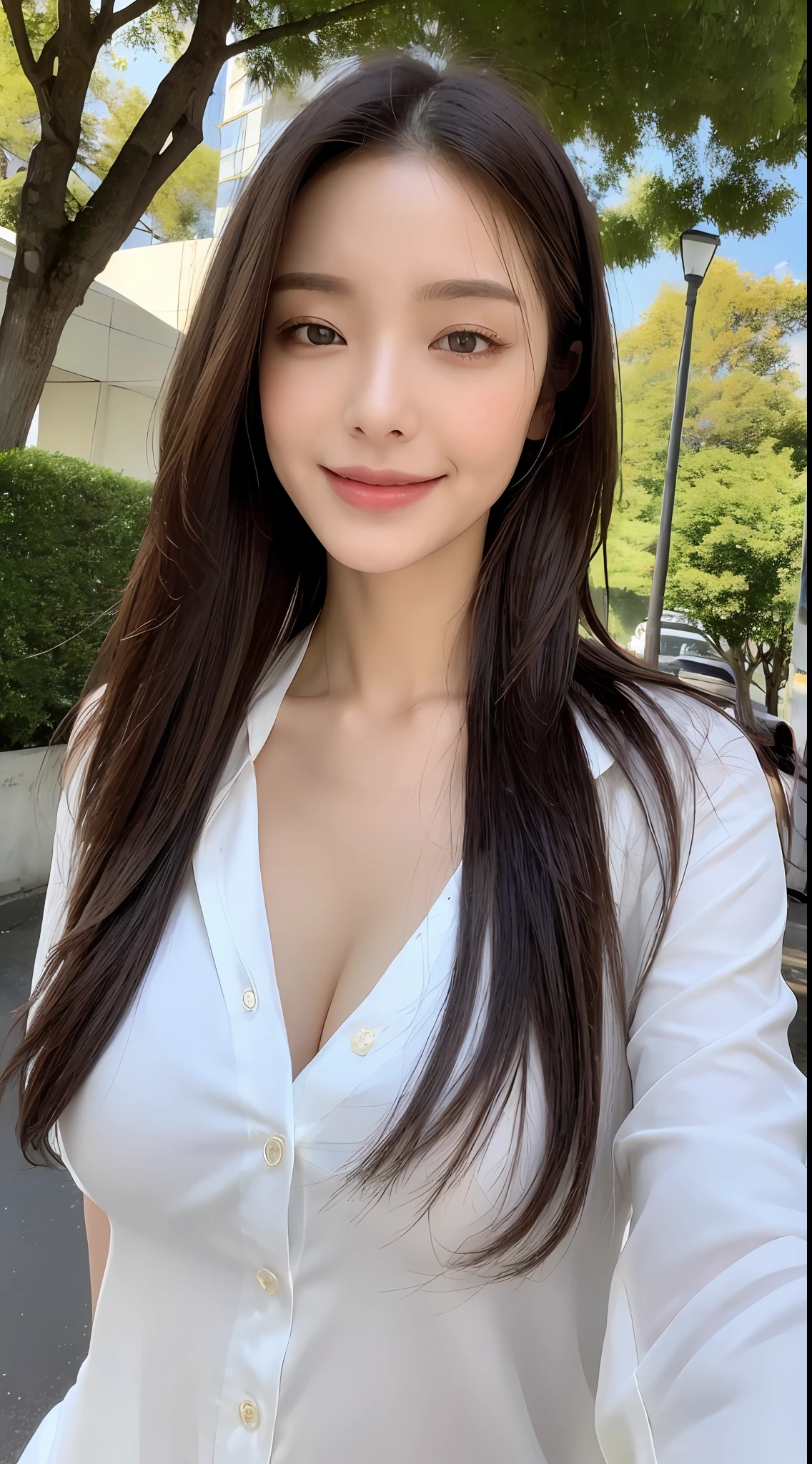 ((Best Quality, 8K, Masterpiece: 1.3)), Sharp Focus: 1.2, A Beautiful Woman with Perfect Figure: 1.4, Slim Abs: 1.2, (Layered Hairstyle,: 1.2)), (Wet White Button Long Shirt: 1.3), Street: 1.2, Highly Detailed Face and Skin Texture, Detailed Eyes, Double Eyelids, (large Breasts: 1.2), Smile, innocent, arrousted,