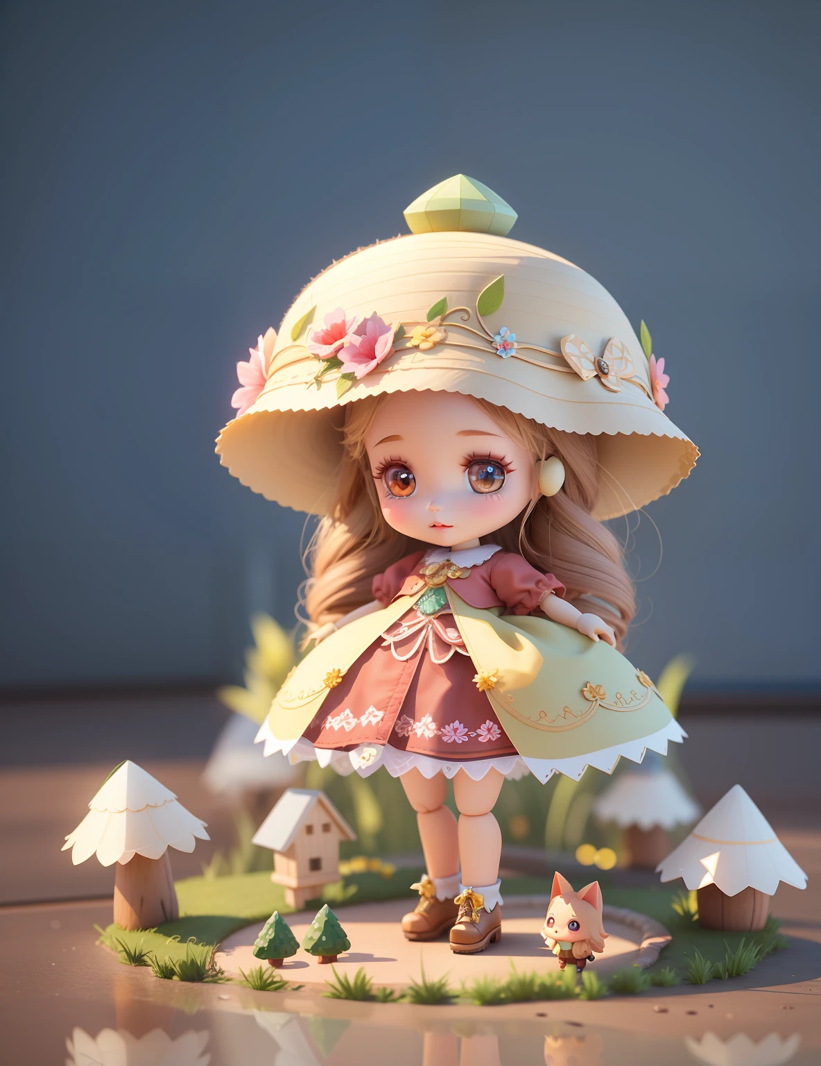 This is a little doll standing on the grass with a hat, very cute, detailed presentation with 3D rendering technology, digital art stylized expression. Render a cute 3D anime girl,
Stylized rendering, with the simultaneous appearance of a cute ceramic doll and a super detailed fantasy character, all presented in a stylized 3D rendering. There will also be cute images of forest creatures and digital art,
The background depicts the atmosphere of April.