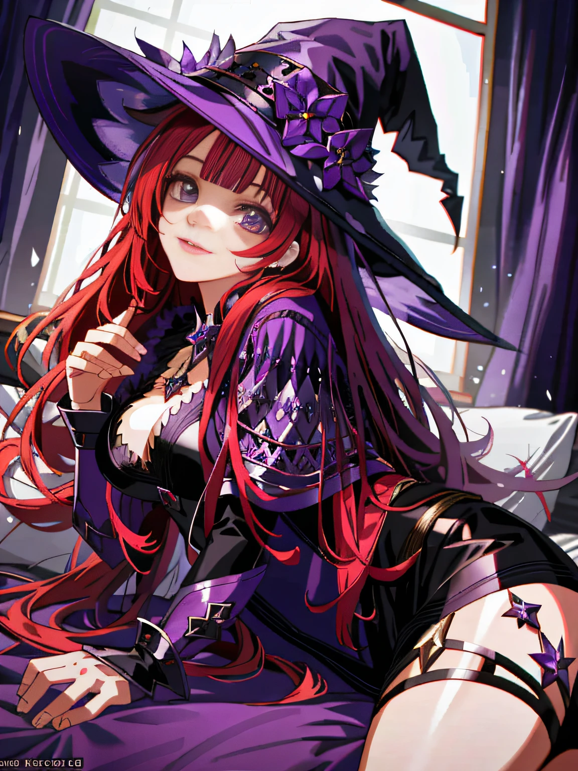 witch with red hair and a purple hat sitting on a bed, flirty anime witch casting magic, pretty sorceress, extremely detailed artgerm, beautiful sorceress, a beautiful sorceress, fashionable dark witch, beautiful witch female, portrait of a sorceress, witch girl, 8k high quality detailed art, portrait of a young witch girl