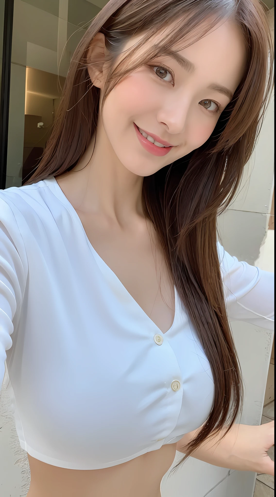 ((Best Quality, 8K, Masterpiece: 1.3)), Sharp Focus: 1.2, A Beautiful Woman with Perfect Figure: 1.4, Slim Abs: 1.2, (Layered Hairstyle,: 1.2)), (Wet White Button Long Shirt: 1.3), Street: 1.2, Highly Detailed Face and Skin Texture, Detailed Eyes, Double Eyelids, (large Breasts: 1.2), Smile, innocent, arrousted,