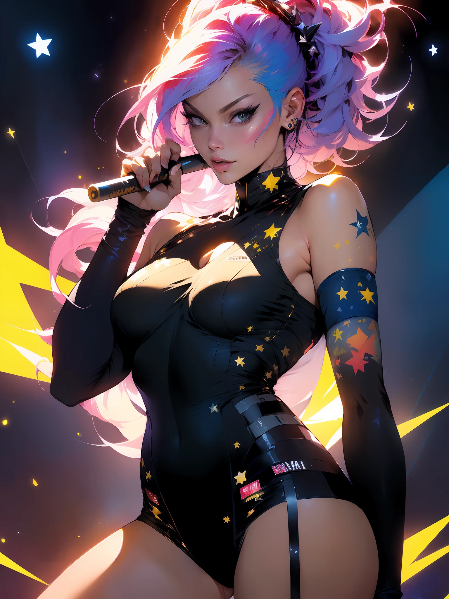(((Niji --V5)))), Margot Robbie as a cyberpunk girl in a dystopian future, one hand down and the other holding a baseball bat with the colors of the American flag, lean on the shoulder, thin, thin, body defined, (8k, RAW photo, photorealistic: 1.25), (lots of lip gloss, lots of eyelashes,, best quality, ultra high resolution, depth of field, chromatic aberration, caustic, broad light, natural color, picture from distance (1:2), Woman defined body, perfect, half thick thighs, include characteristic fighter aircraft art in the perfect clothing((medium breasts)) generous, generous neckline, pastel, black mohawk hair with a white bangs covering one eye, short underwear, garter belt, by mucha, niji, close to real, best quality, almost naked, psychopath, crazy face, action pose, starry night in the background, big nebula in the sky, yellow side lighting, star tattoos on the arms, dark blue bra with white stars, stars covering the breasts, shoulder pads with spikes, red eyes without pupils, mischievous smile