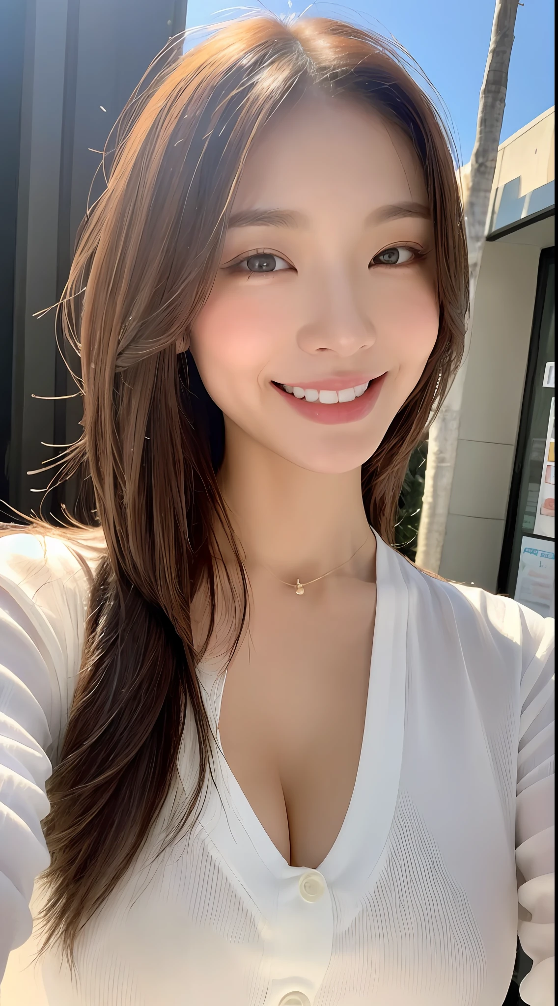 ((Best Quality, 8K, Masterpiece: 1.3)), Sharp Focus: 1.2, A Beautiful Woman with Perfect Figure: 1.4, Slim Abs: 1.2, (Layered Hairstyle,: 1.2)), (Wet White Button Long Shirt: 1.3), Street: 1.2, Highly Detailed Face and Skin Texture, Detailed Eyes, Double Eyelids, (large Breasts: 1.2), Smile, innocent, arrousted,
