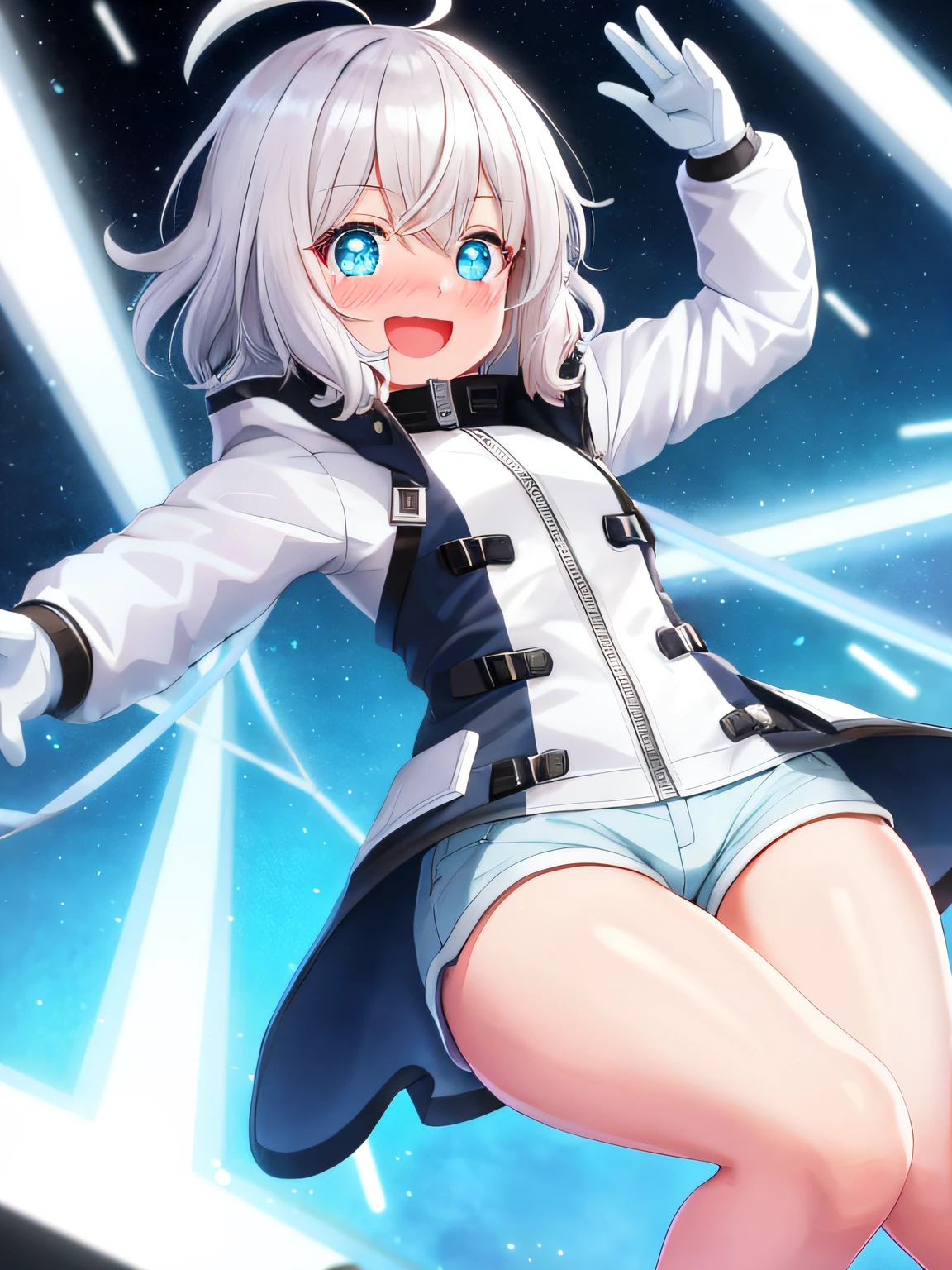 1girl, solo, white hair, short hair, hair between eyes, bangs, white parka, closed jacket, gloves, flat chest, wide hips, down jacket, cyan eyes, cute face, small pupils, blush, android, round eyes, glowing cyan eyes, mechabare, mechanical parts, smile, messy hair, ahoge, excited, starry eyes, open mouth, arms outstretched, :D, puffy shorts, thighs, lust, crazy smile, nose blush, wide eyes, big eyes, flustered, wavy smile, outline