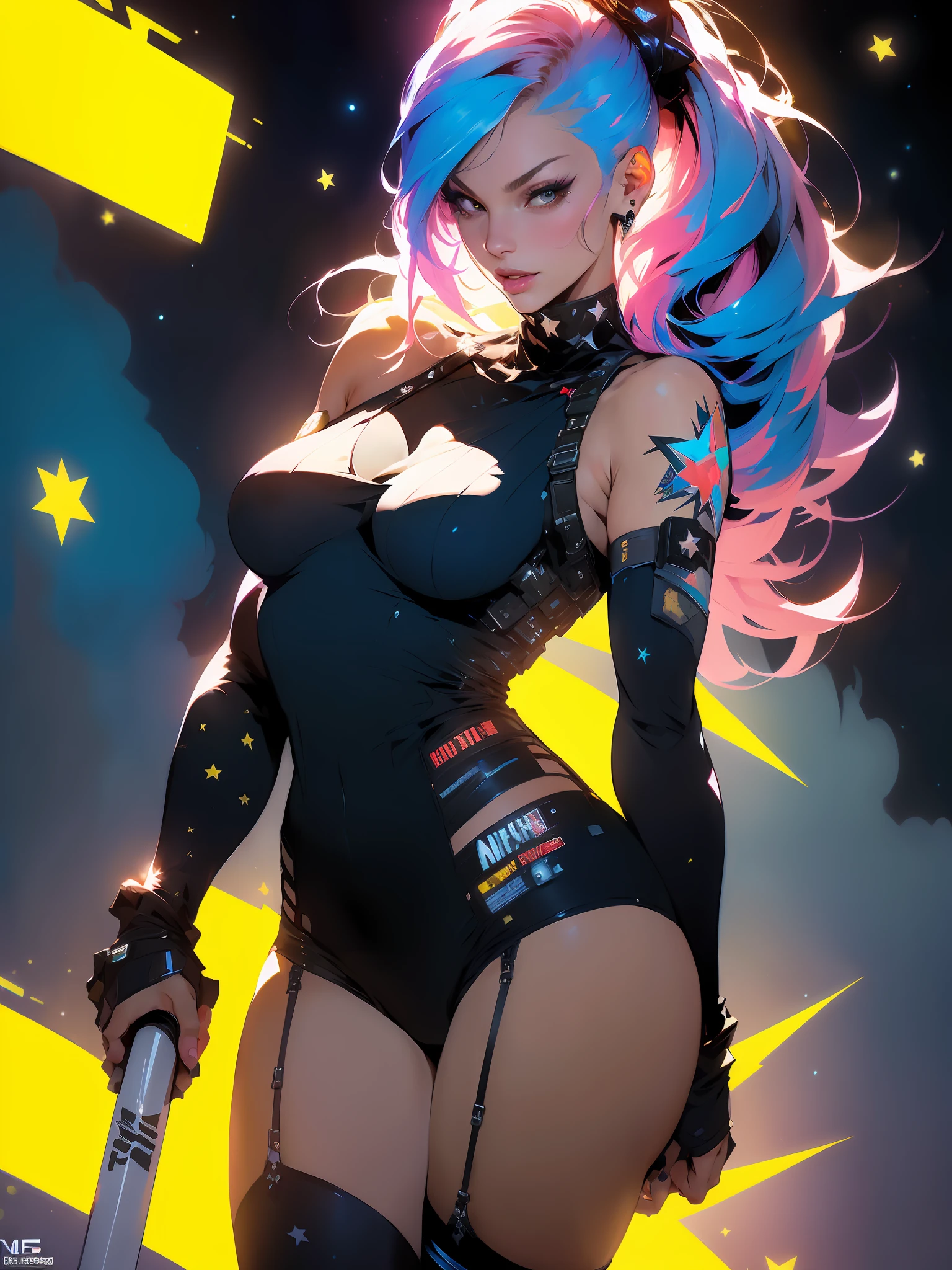 (((Niji --V5)))), Margot Robbie as a cyberpunk girl in a dystopian future, one hand down and the other holding a baseball bat with the colors of the American flag, lean on the shoulder, thin, thin, body defined, (8k, RAW photo, photorealistic: 1.25), (lots of lip gloss, lots of eyelashes,, best quality, ultra high resolution, depth of field, chromatic aberration, caustic, broad light, natural color, picture from distance (1:2), Woman defined body, perfect, half thick thighs, include characteristic fighter aircraft art in the perfect clothing((medium breasts)) generous, generous neckline, pastel, black mohawk hair with a white bangs covering one eye, short underwear, garter belt, by mucha, niji, close to real, best quality, almost naked, psychopath, crazy face, action pose, starry night in the background, big nebula in the sky, yellow side lighting, star tattoos on the arms, dark blue bra with white stars, stars covering the breasts, shoulder pads with spikes, red eyes without pupils, mischievous smile
