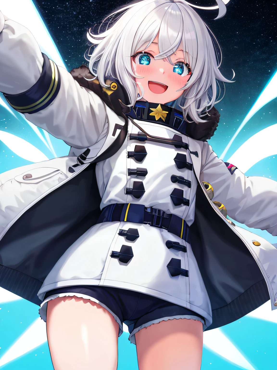 1girl, solo, white hair, short hair, hair between eyes, bangs, white parka, closed jacket, gloves, flat chest, wide hips, down jacket, cyan eyes, cute face, small pupils, blush, android, round eyes, glowing cyan eyes, mechabare, mechanical parts, smile, messy hair, ahoge, excited, starry eyes, open mouth, arms outstretched, :D, puffy shorts, thighs, lust, crazy smile, nose blush, wide eyes, big eyes, flustered, wavy smile, outline